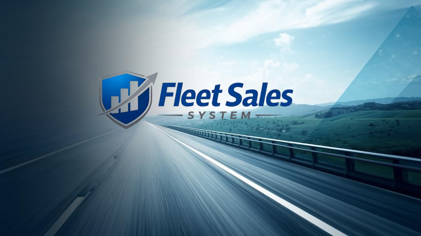 Logo of Fleet Sales System with a shield and upward trending graph on a highway with green hills and a cloudy sky