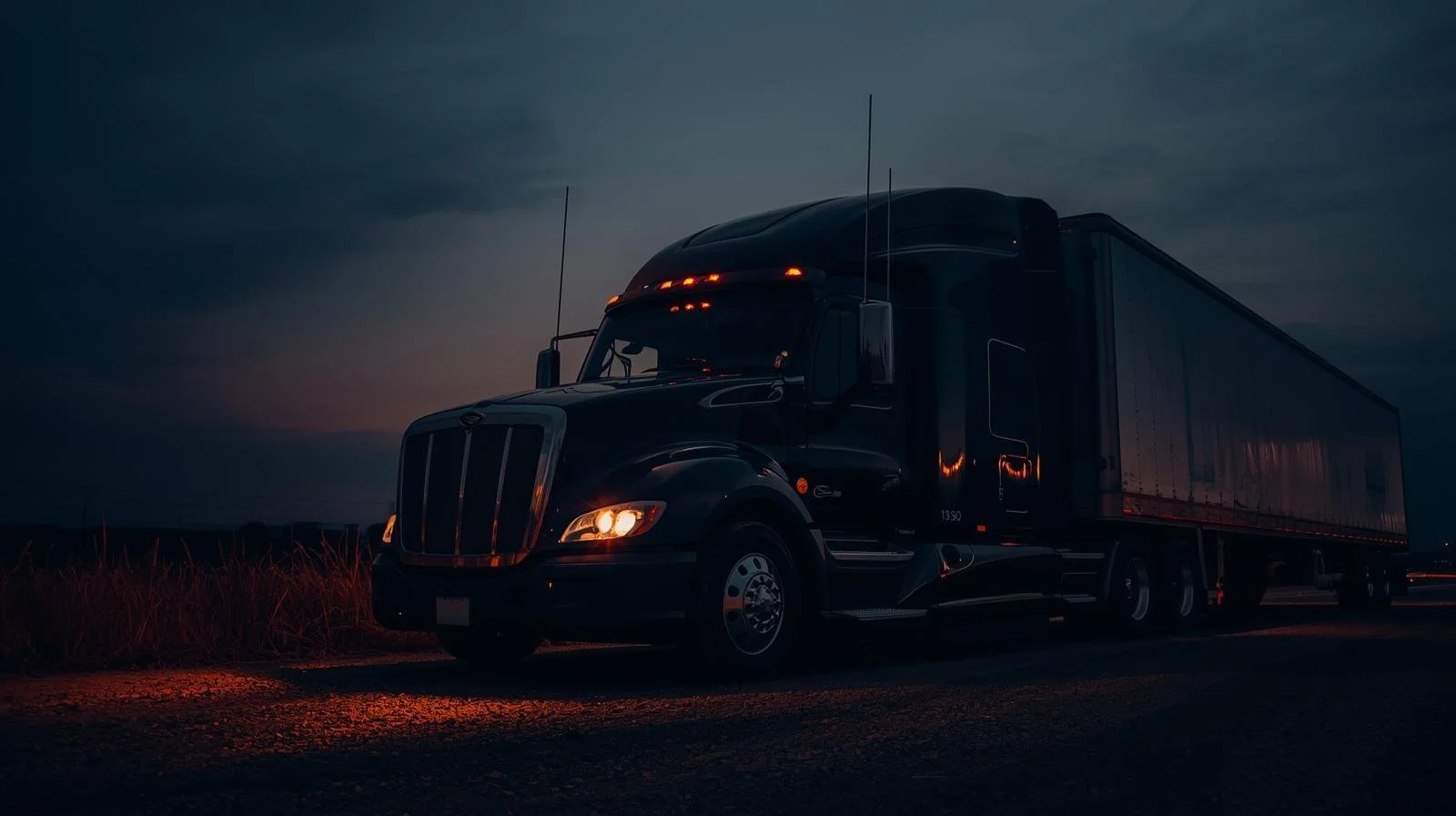 A black semi-truck driving at dusk on a dark road.