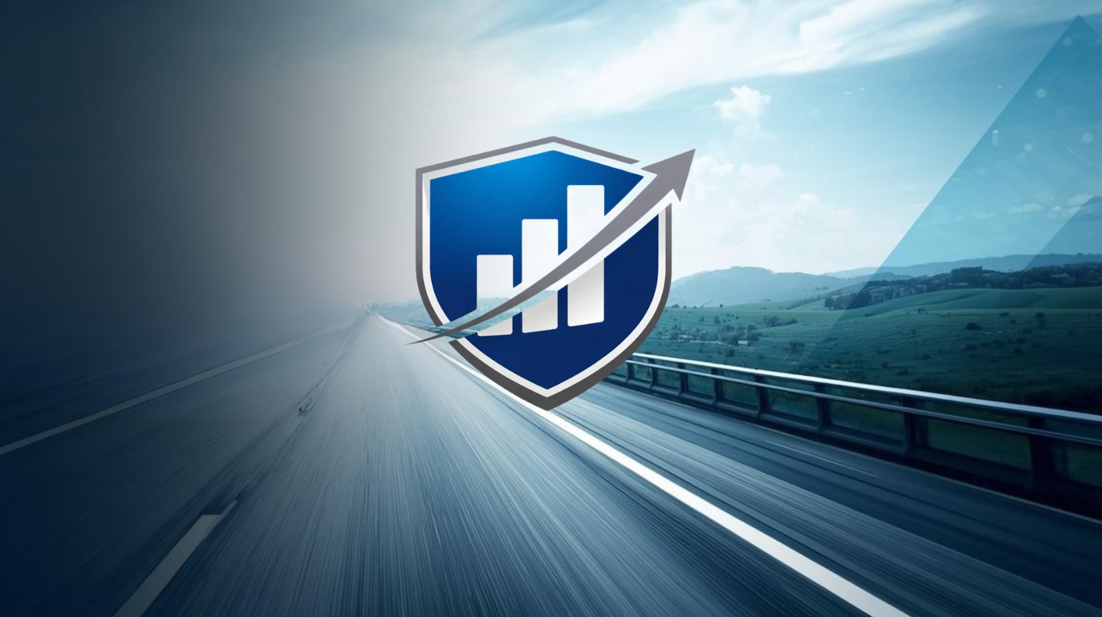 A highway with motion blur, overlaid with a shield containing a bar graph and an upward arrow, symbolizing growth or progress.