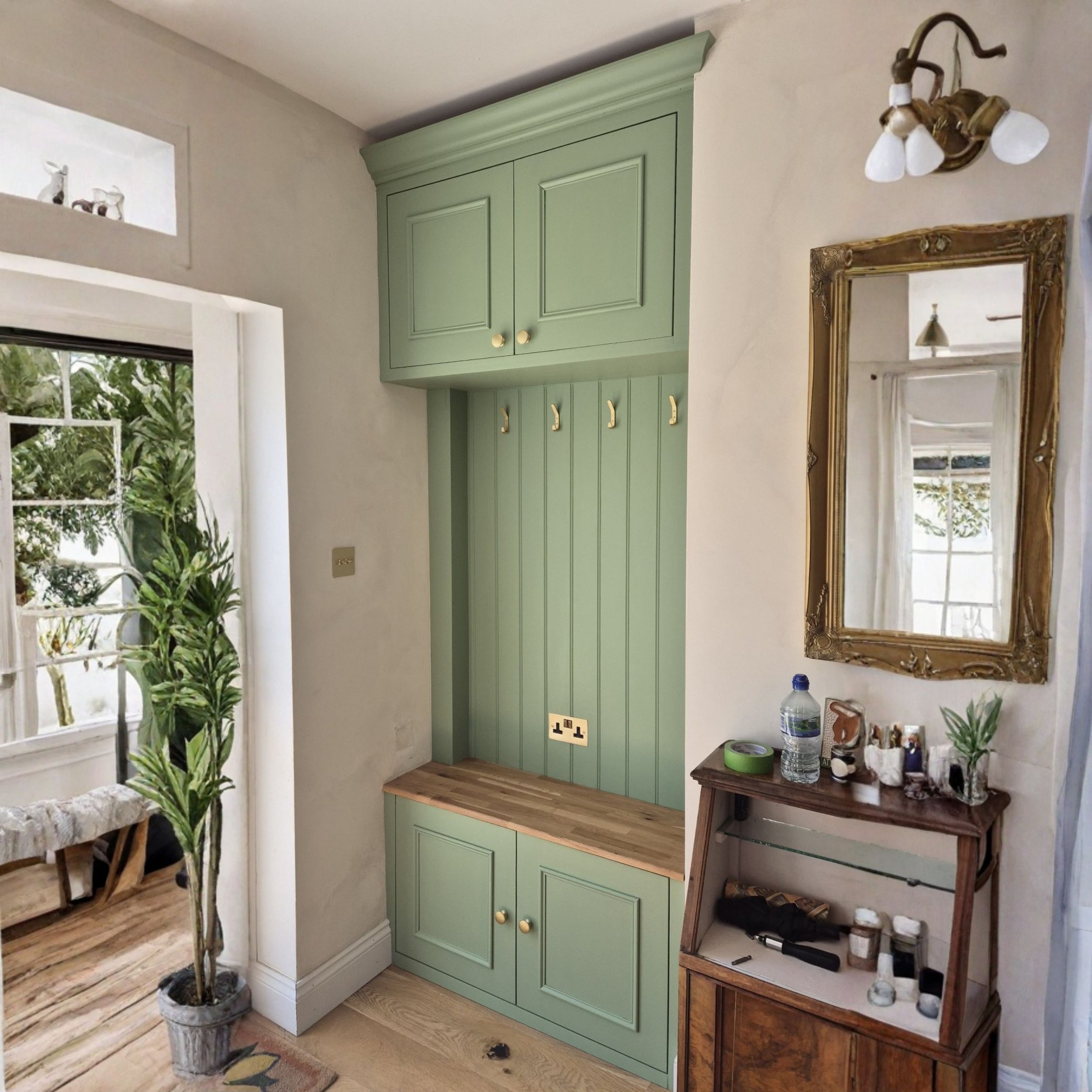 Interior corner of a room featuring a green built-in cabinet with hooks, a wooden bench, a cozy armchair, a potted plant, a small wooden table with personal items, a mirror with a gold frame, and a window with white curtains and greenery outside.