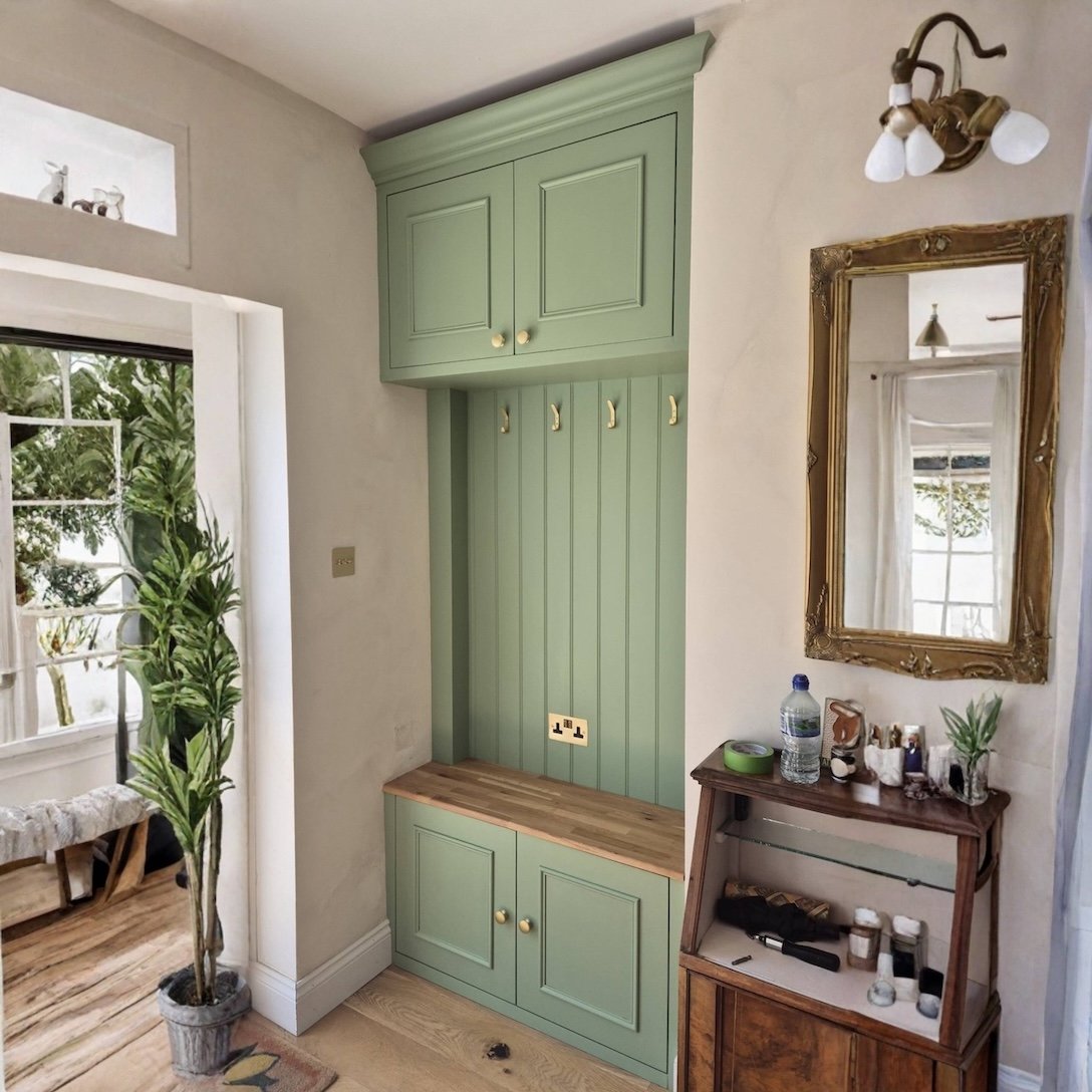 Cozy entryway with green built-in closet and hooks, a wooden cabinet with decor, a mirror, and a potted plant near a window.