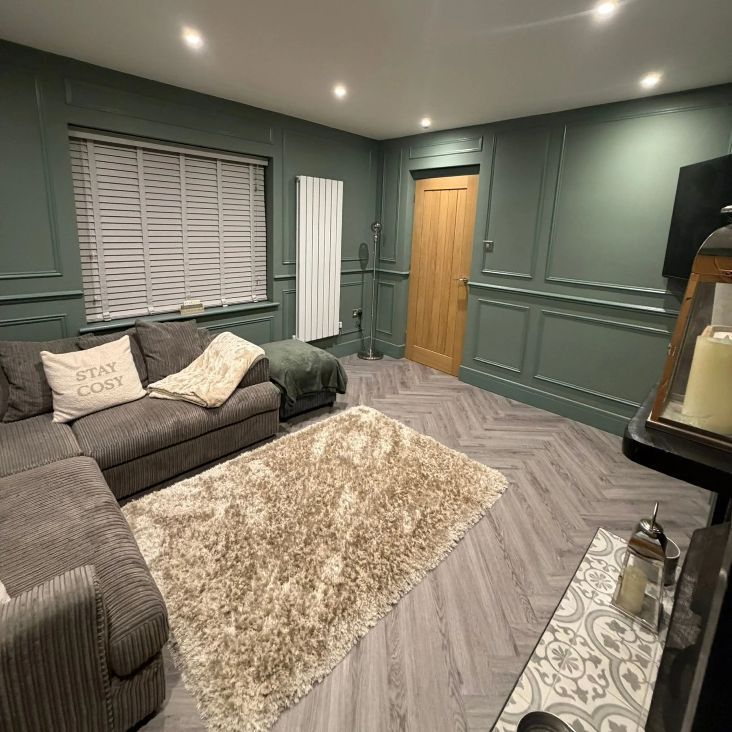 A cozy living room with green paneled walls, a window with closed blinds, a brown striped sofa with beige and green blankets, a beige shaggy rug, and a wooden door. There are recessed ceiling lights, a tall white radiator, and a floor lamp beside the