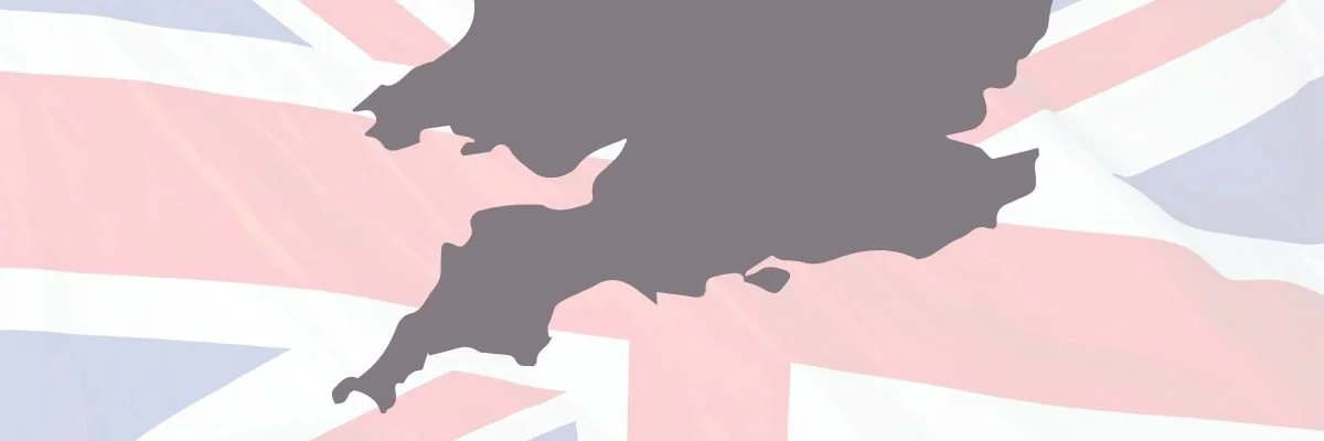 A silhouette of the south of England over a blurred background of the Union Jack flag.