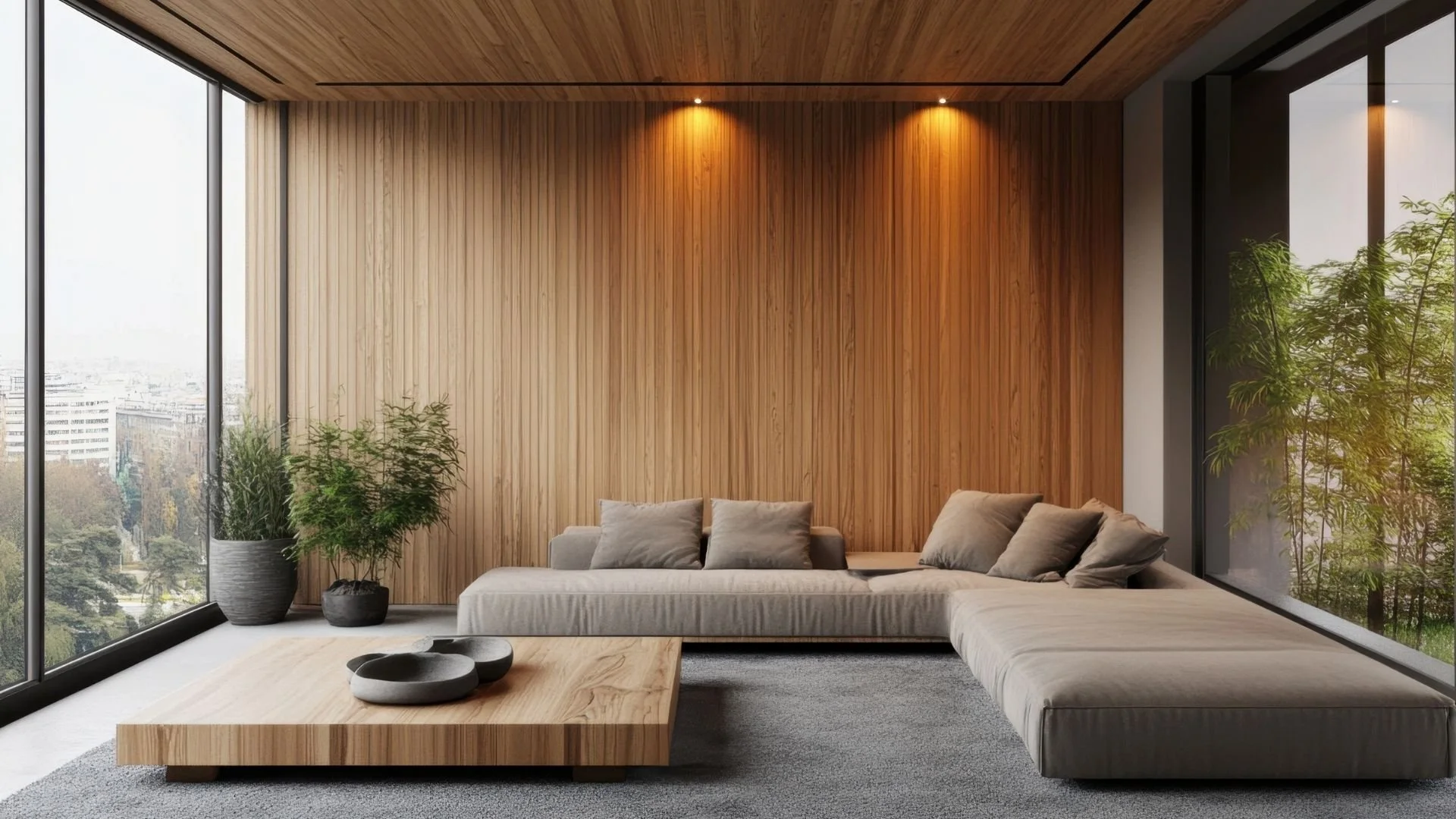Modern living room with wooden wall, beige sofa, potted plants, and large window overlooking a cityscape