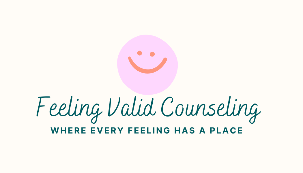 Logo for Feeling Valid Counseling with a smiling face icon and tagline 'Where Every Feeling Has a Place'.