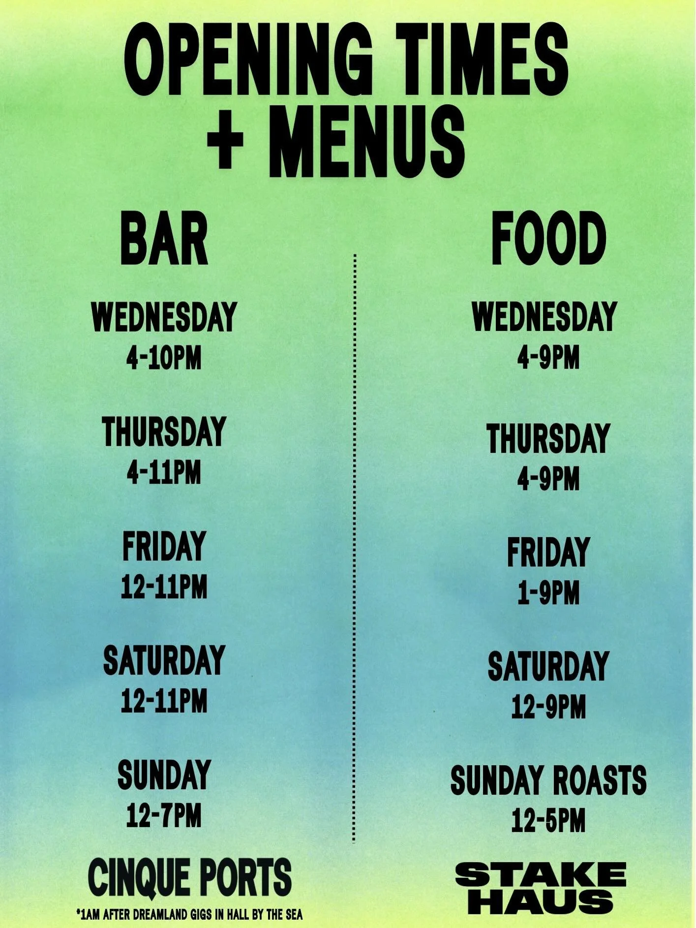 A few changes to note! ✅✅✅

Some of you would have already noticed that we are now open Wednesdays from 4pm AND Fridays from midday and that is set to continue until we go 7 days when it warms up! 

Swipe for our food menus with @stakehaus_margate an
