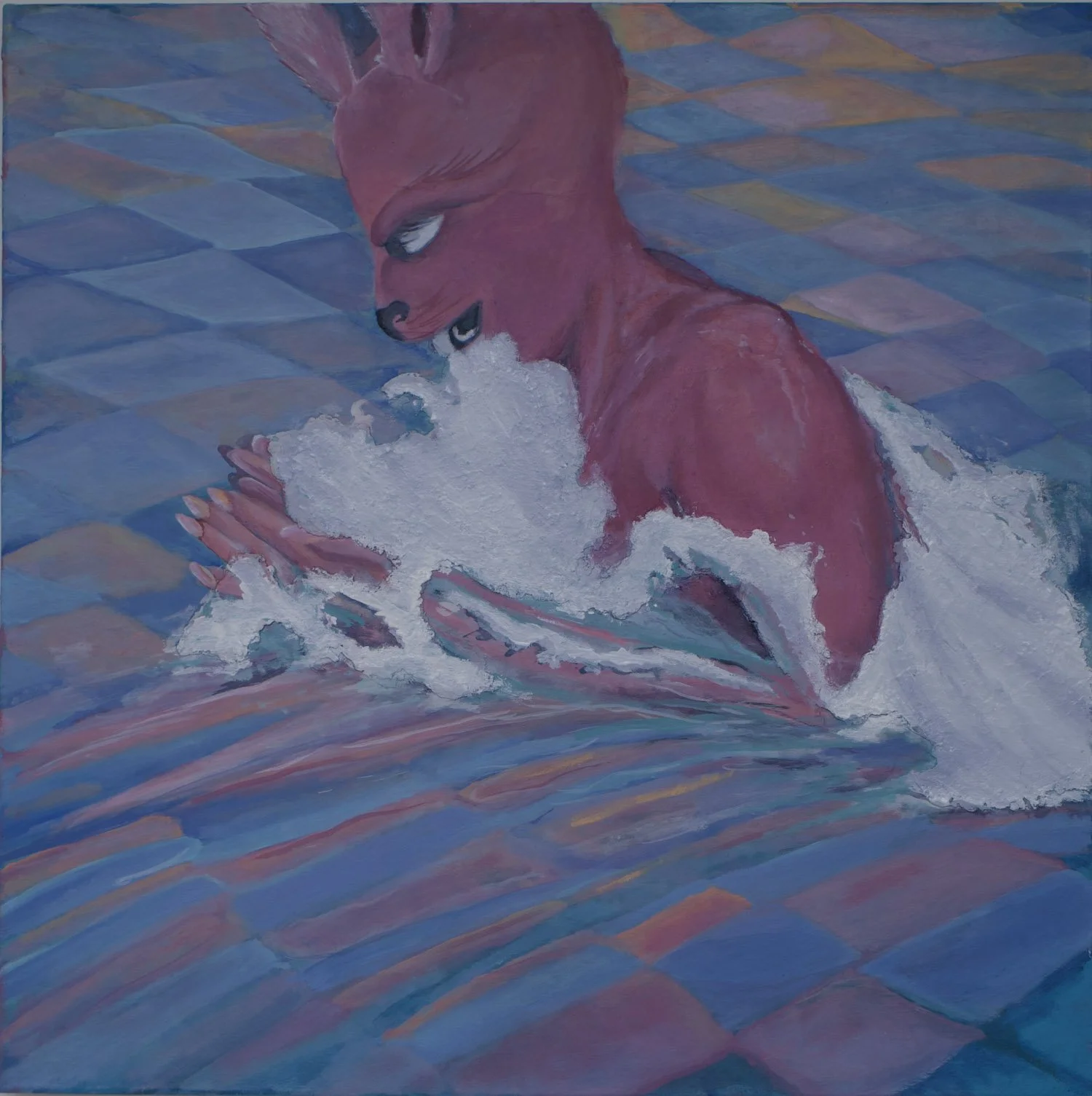 Beast Mode (2023): Oil painting by Sarah Rozell White depicting an animal-like figure swimming in a pool.