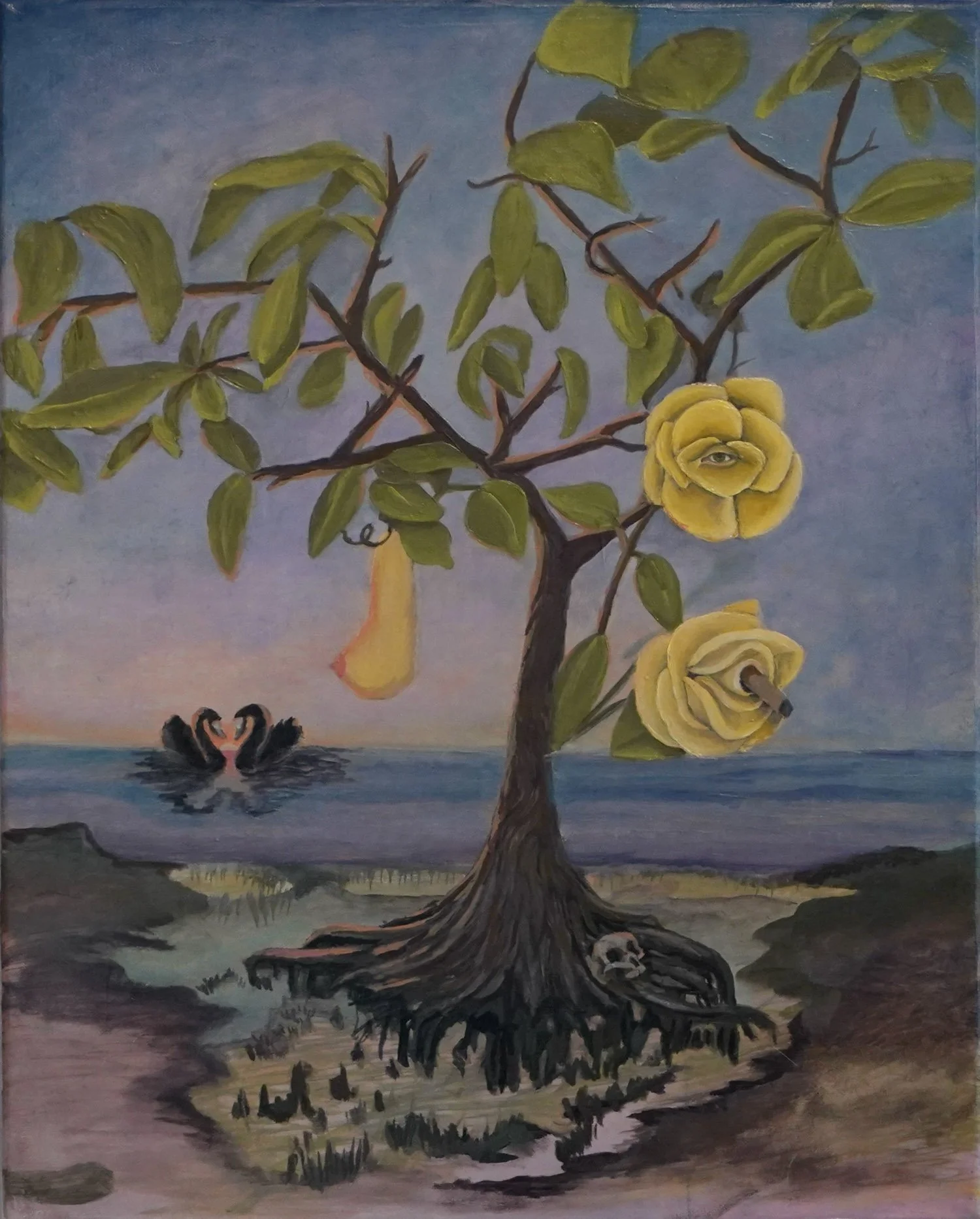 Delineated Wetlands (2024): Oil painting by Sarah Rozell White featuring a flowering tree with a skull and eye motif, swans in the background, and a layered wetland landscape.