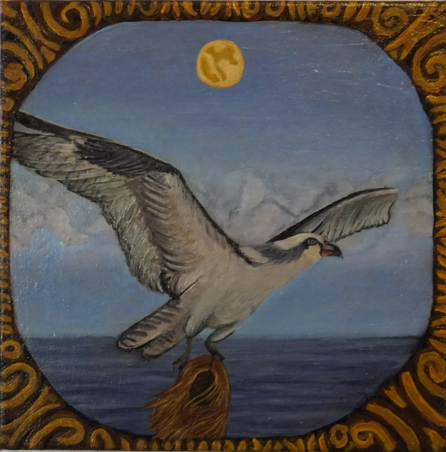 Osprey With A Wig (2024): Oil painting by Sarah Rozell White depicting an osprey carrying a wig, set against a moonlit ocean background.