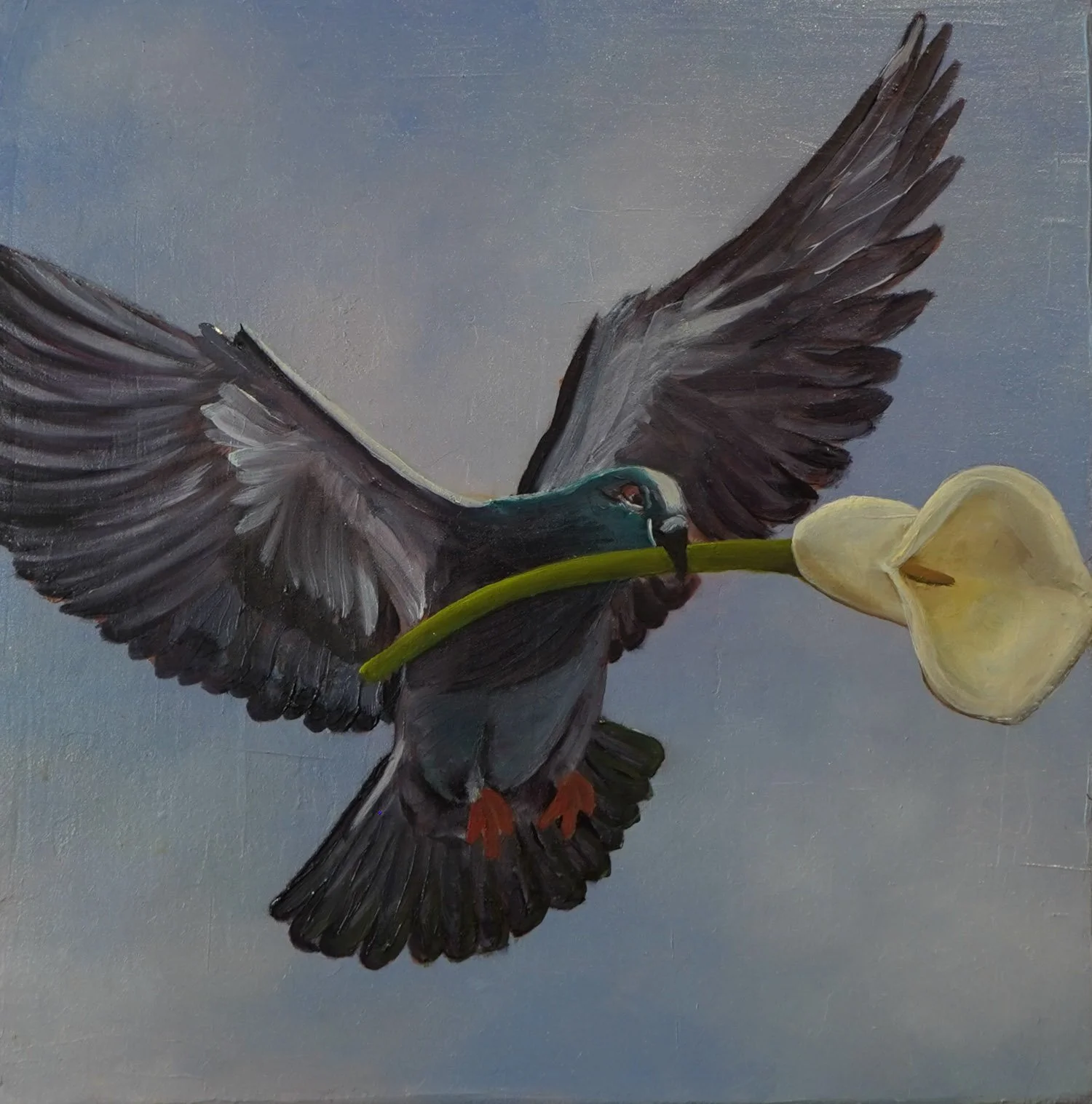 Peace Bird (2025): Oil painting by Sarah Rozell White of a bird holding a calla lily.