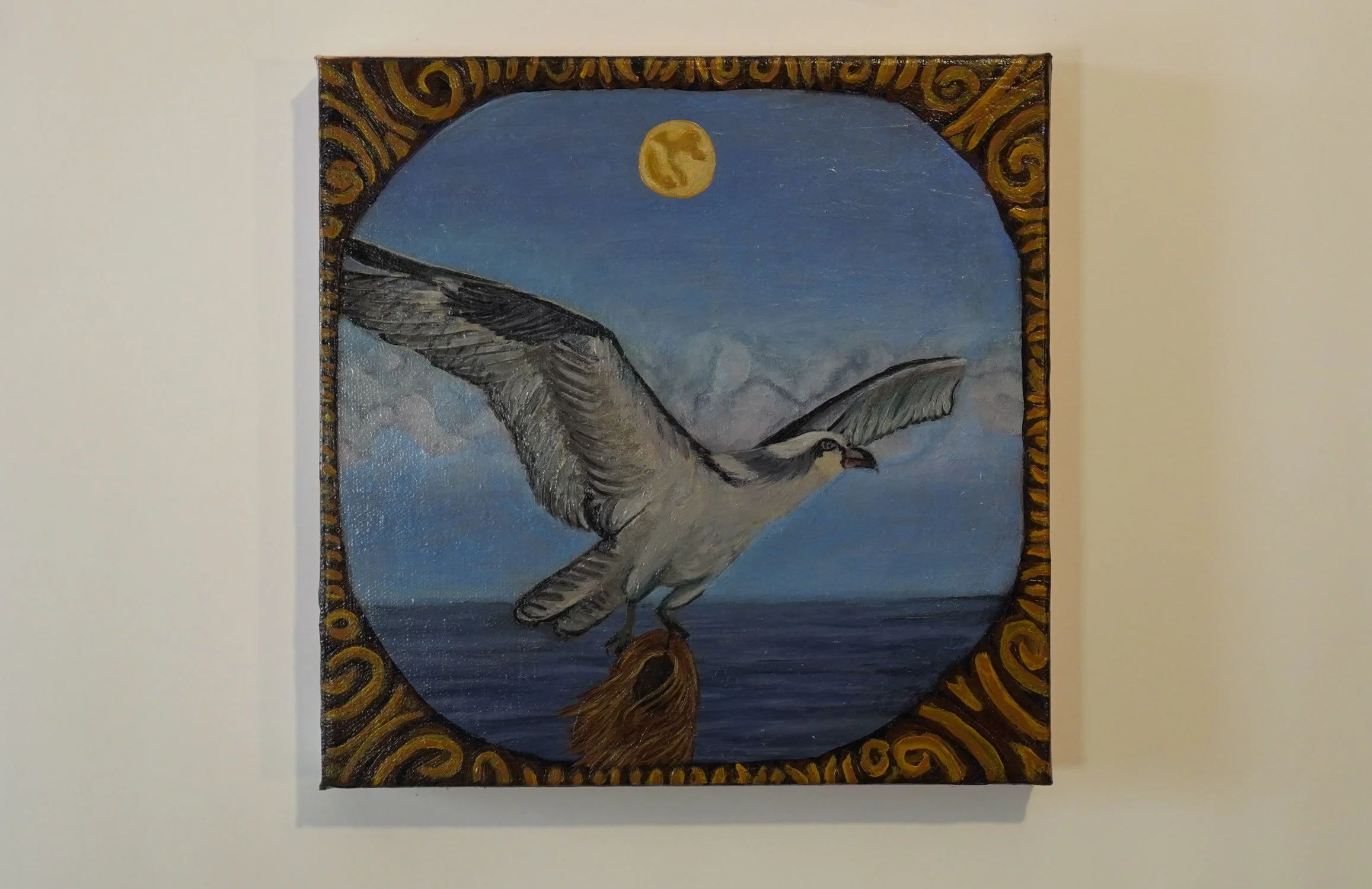Installation view of “Osprey with a Wig” in Kill Devil Hills by Sarah Rozell White, oil painting displayed on a gallery wall.
