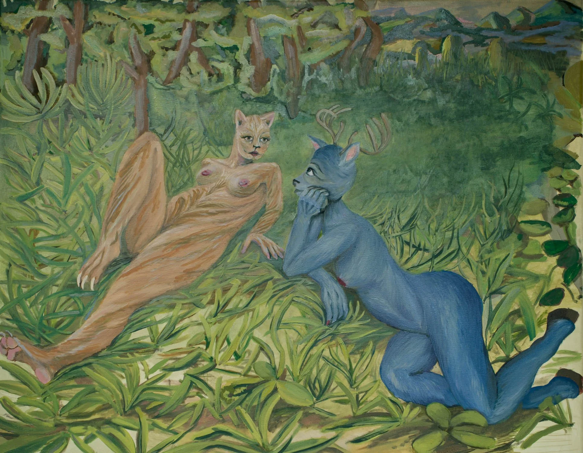 Two Talking (2023) Large-scale oil painting by Sarah Rozell White of two cat-like human figures lying together in a forest