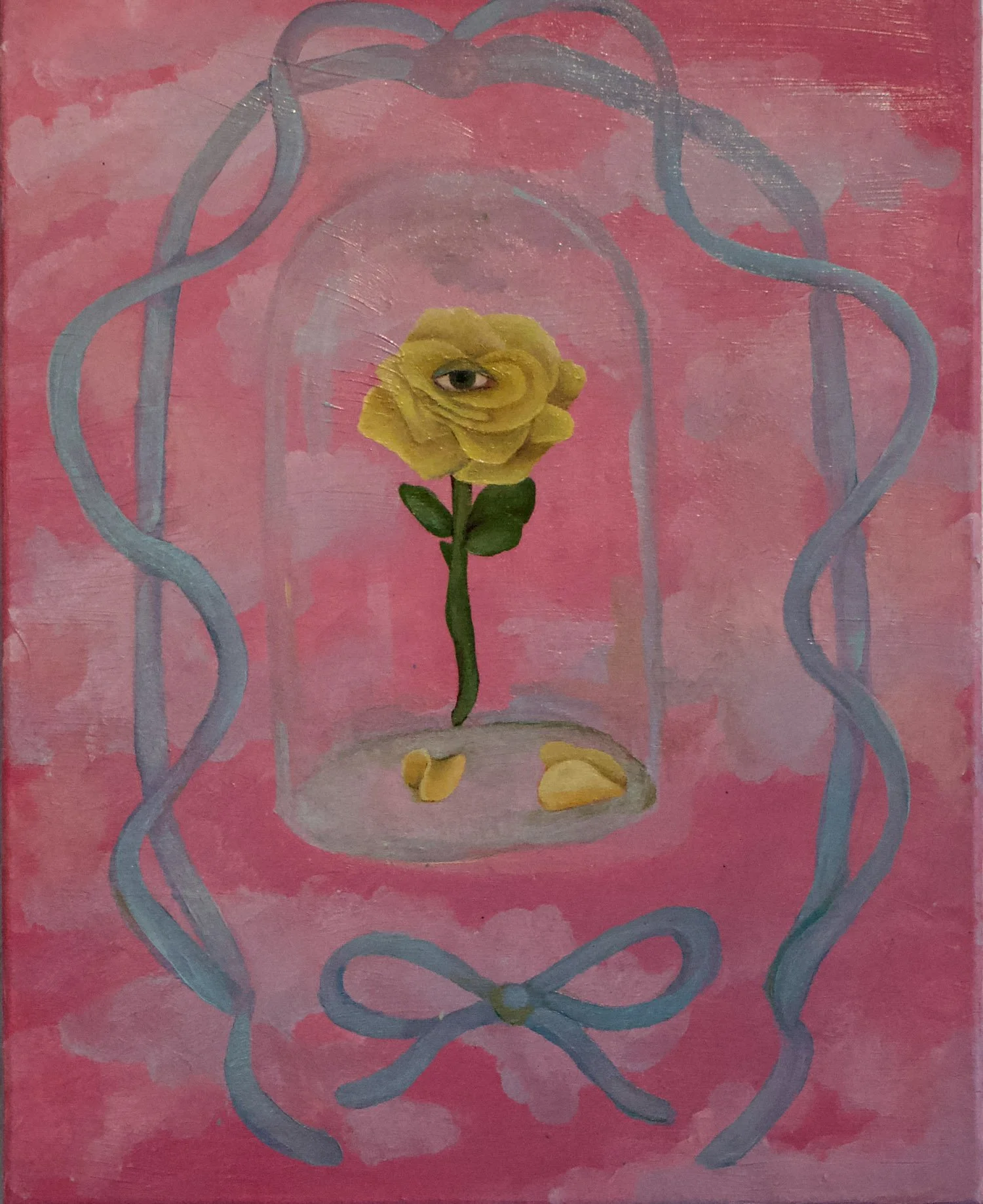 A Flower To Remember Me (2023): Oil painting by Sarah Rozell White of a flower with an eye at its center beneath a glass cloche, surrounded by pink clouds and pale blue ribbons.