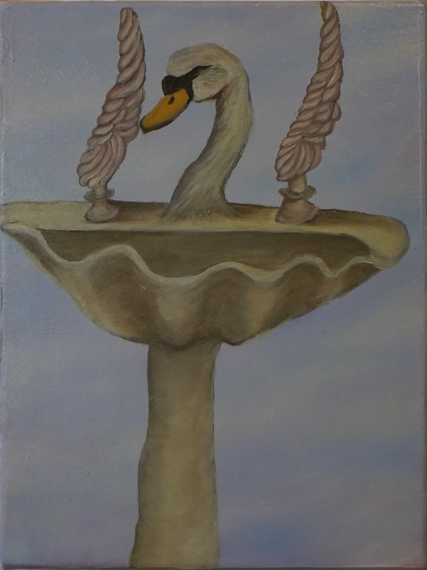 Oil painting by Sarah Rozell White depicting a swan emerging from a kitchen sink, blending domestic space and animal imagery.