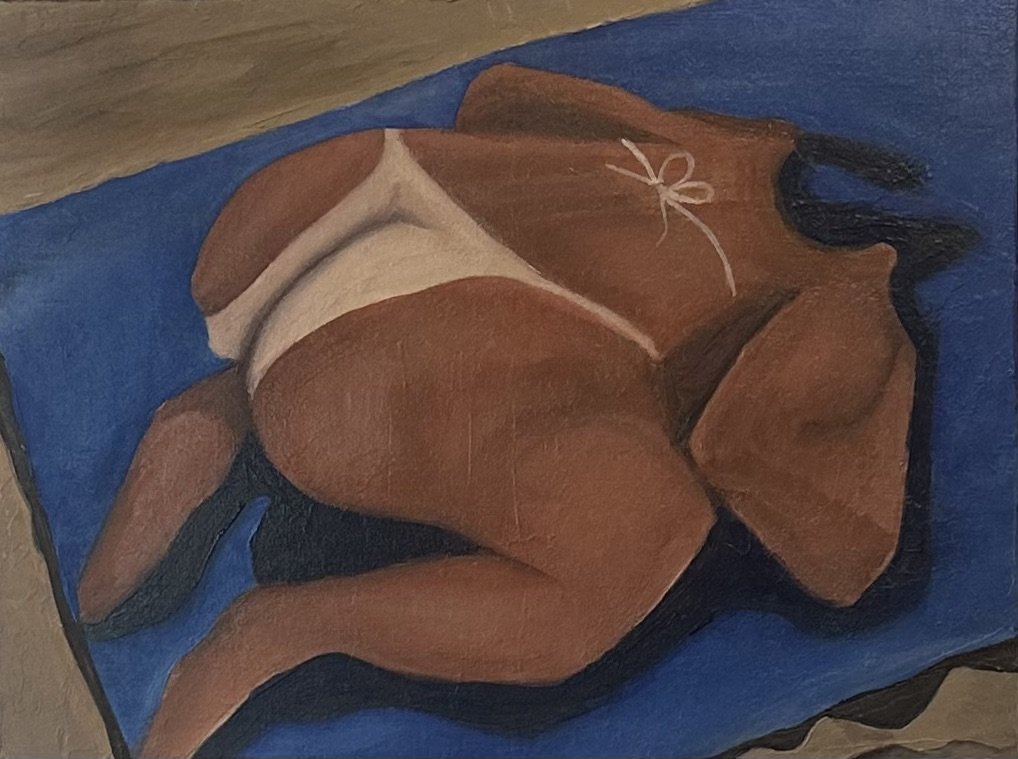Fried Chicken (2024): Oil painting by Sarah Rozell White of a chicken-bodied figure in a bikini lying on a beach towel, combining humor and surrealism