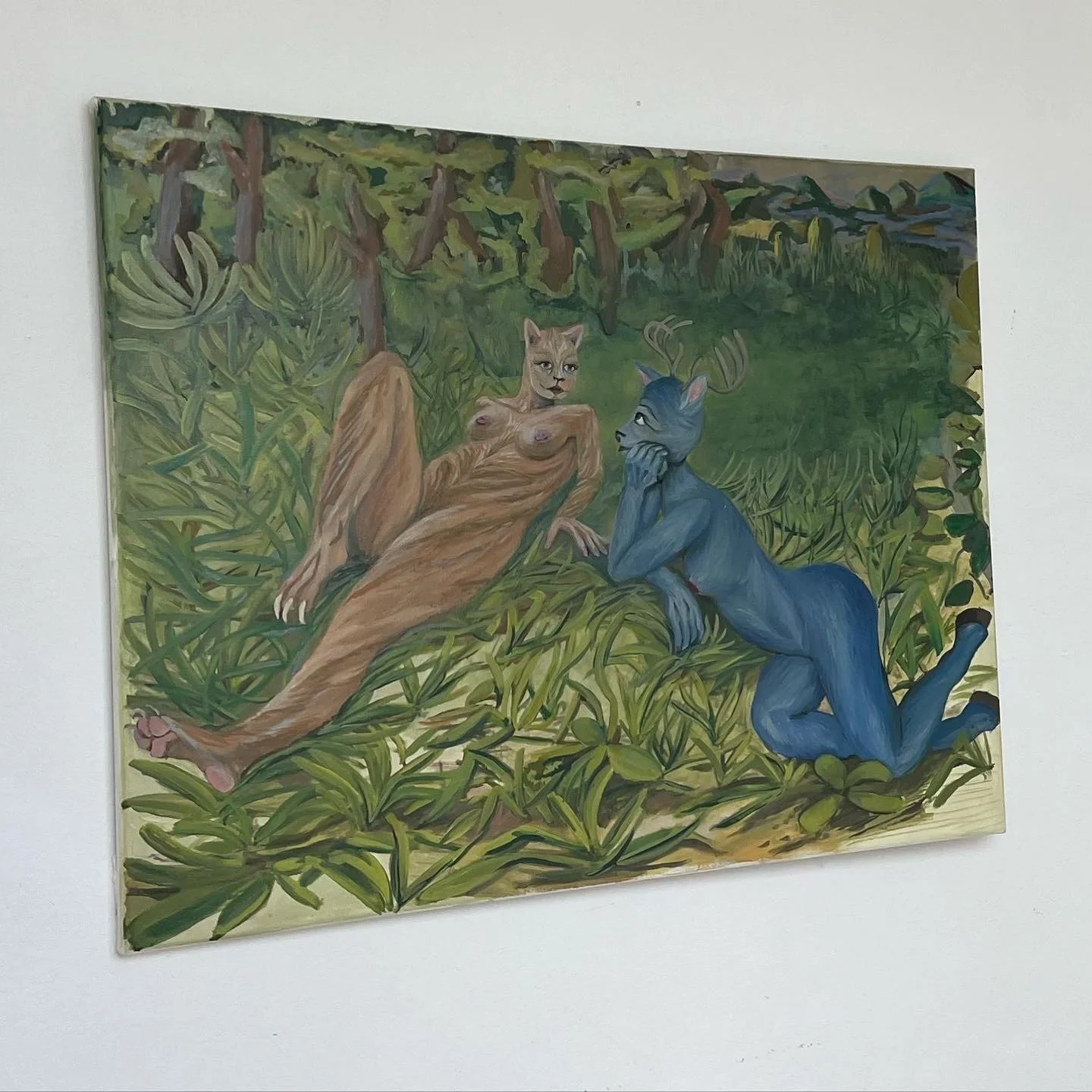 Installation view of “Two Talking" by Sarah Rozell White, oil painting displayed on a gallery wall.