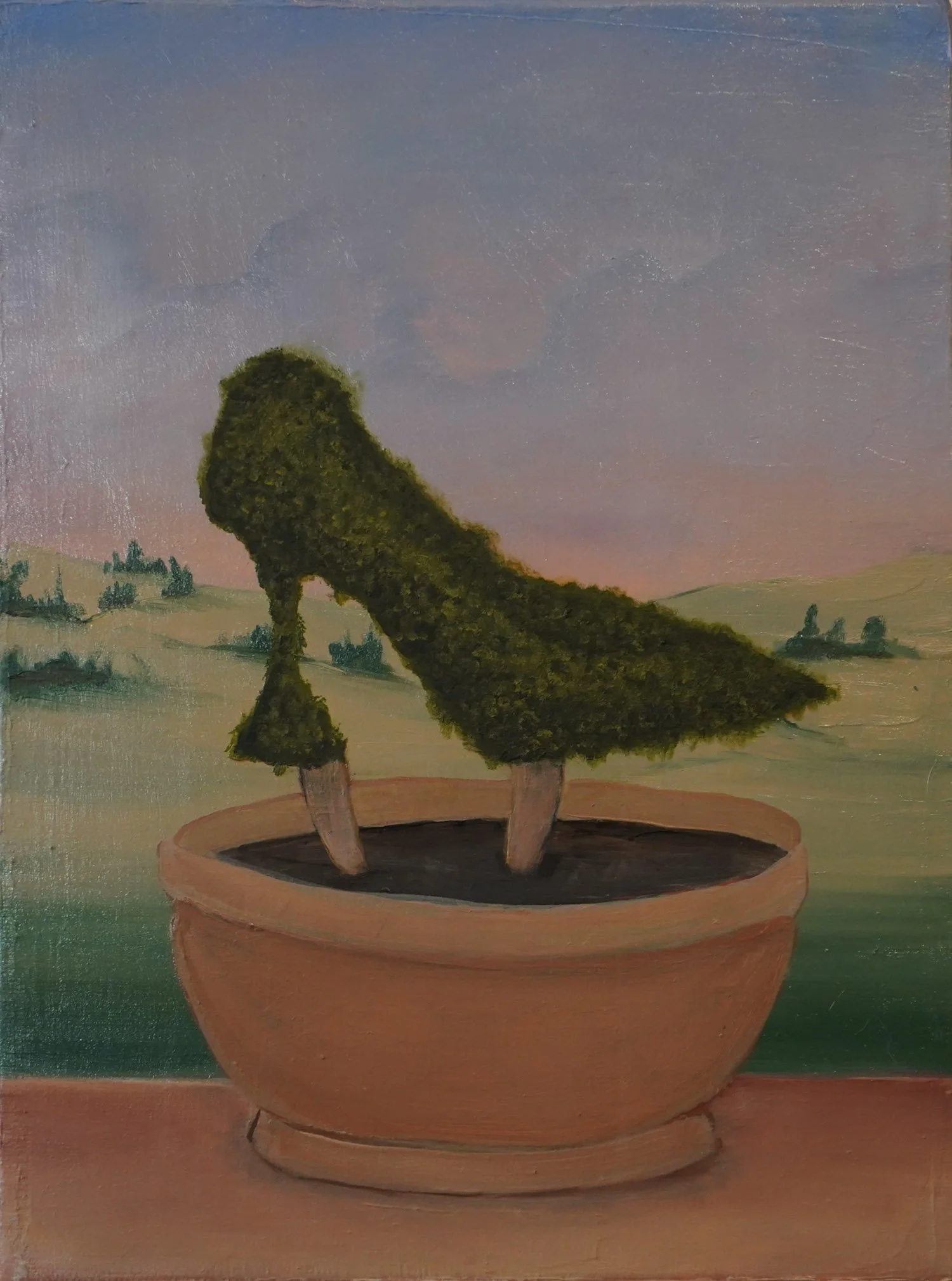Consumed By Nature (2025): Oil painting by Sarah Rozell White showing a shoe-shaped planter overtaken by a growing plant