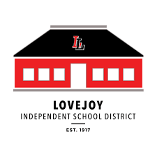 Logo of Lovejoy Independent School District, established in 1917, featuring a stylized red school building with black roof and white windows.