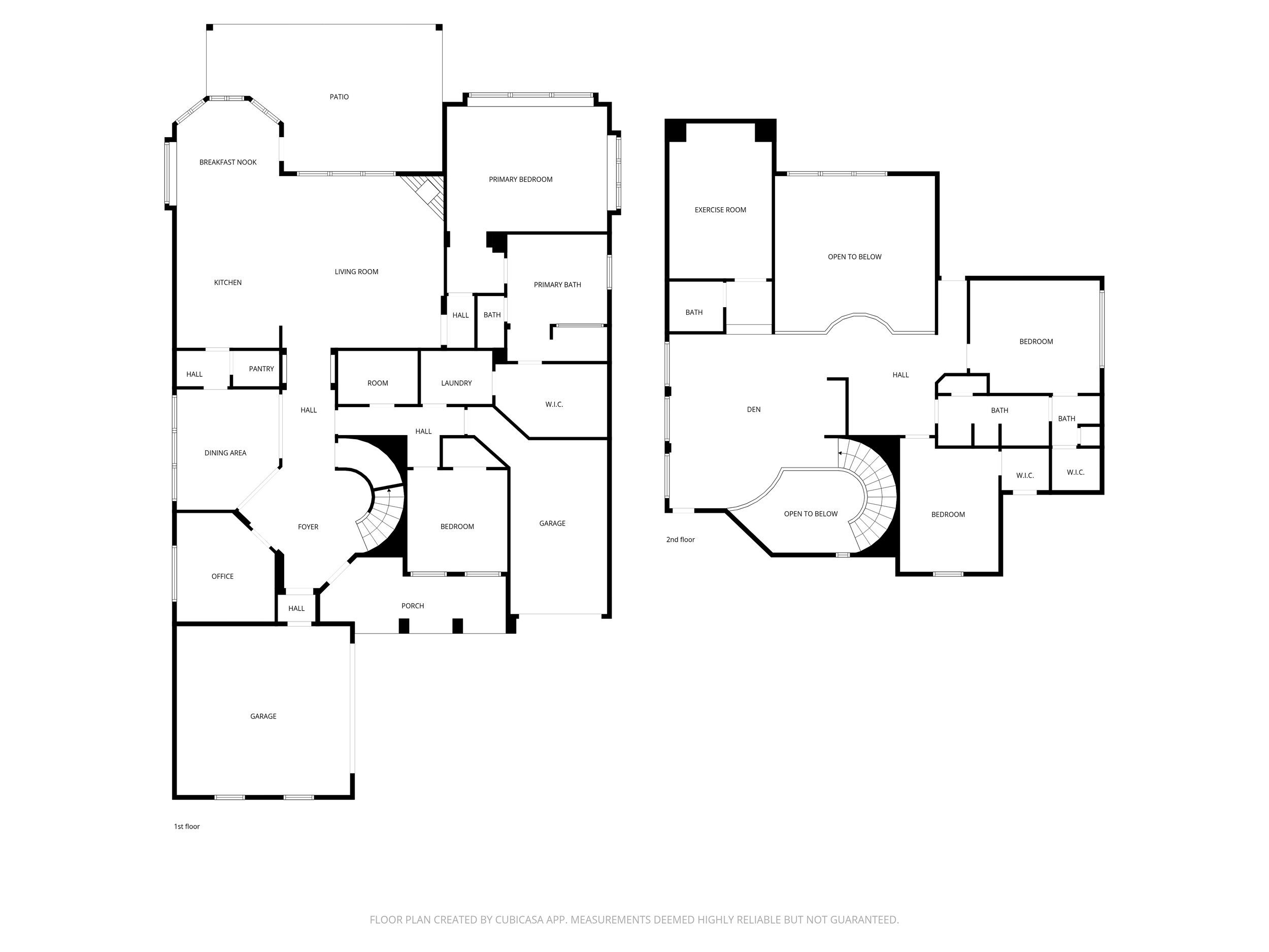 Floor plan of a multi-story house showing labeled rooms and spaces such as living room, kitchen, bedrooms, bathrooms, laundry, garage, porch, and various halls, with an open-to-below area and a primary bedroom with an attached bathroom.