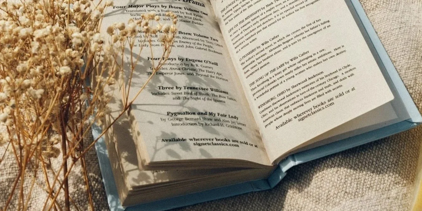 Open book on a beige textured surface with dried flowers on the left side.