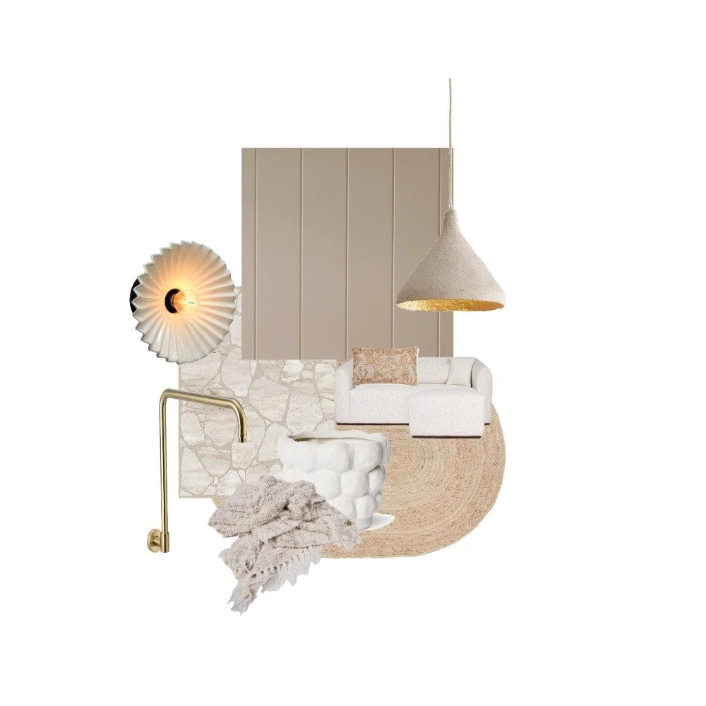 Created on Style Source Book- This beige room was designed to focus on the stone and sand colors to create a calm, warm feeling. 