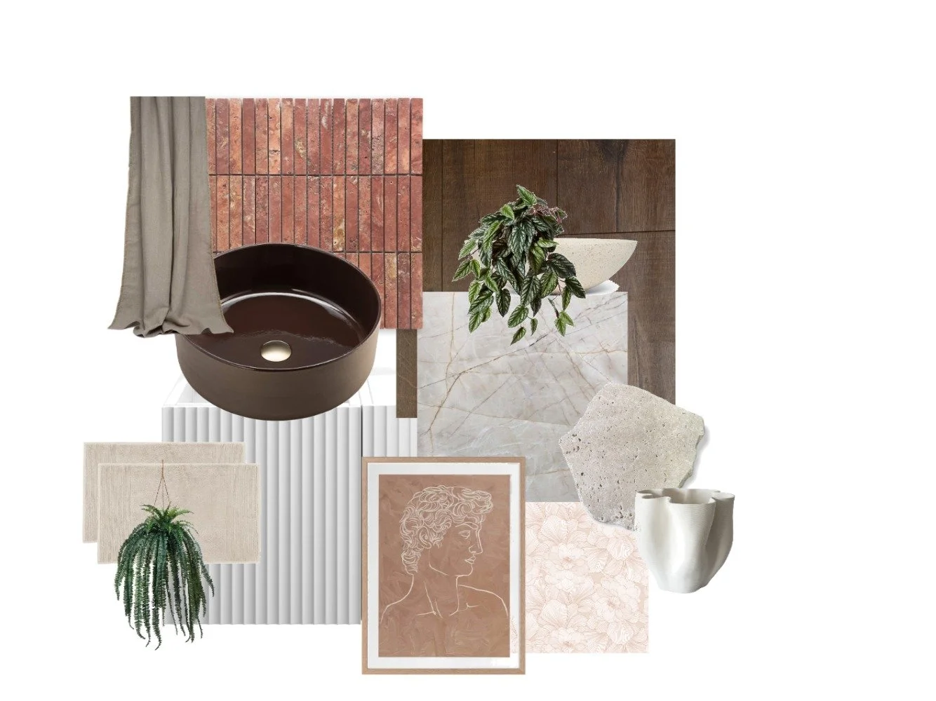 Created on Style Source Book- A bathroom design that leans into the clay/ earthy feel. This bathroom was designed to possibly be seen in a spa. 