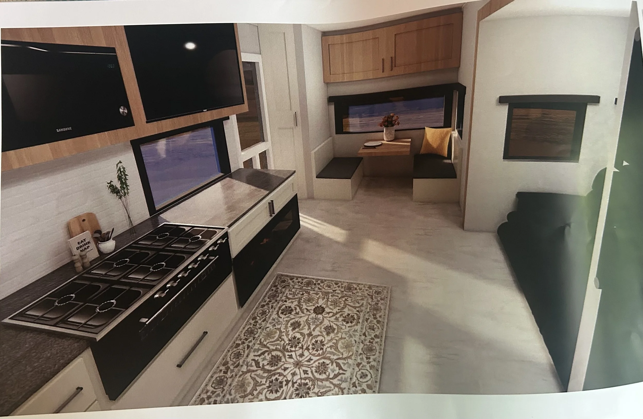 Created using Enscape- This is another view of the kitchen, where you can see the table and sofa. 