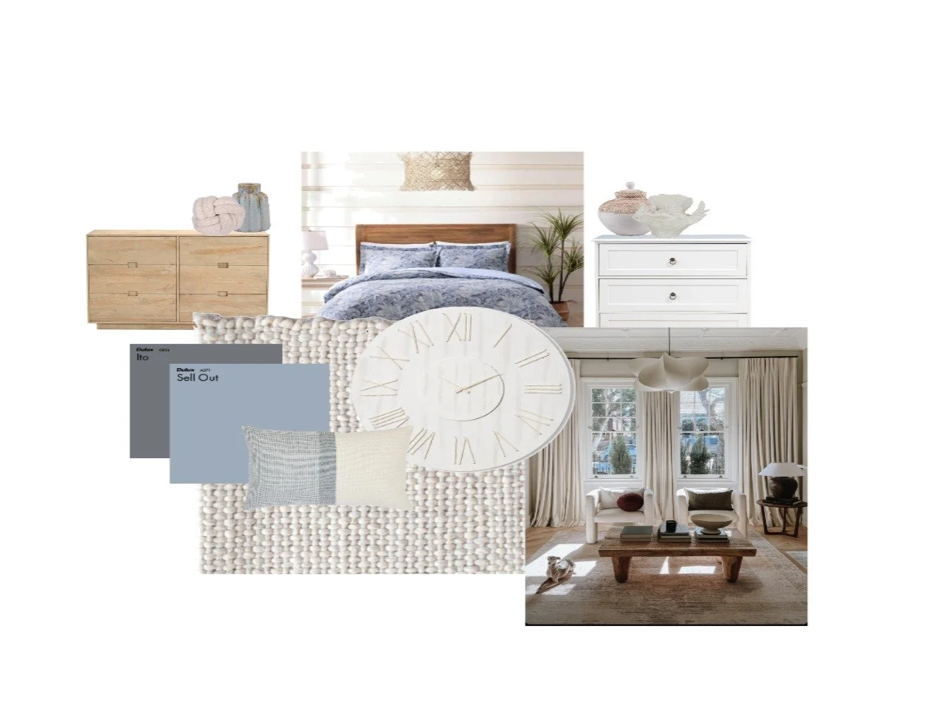Created on Style Source Book- a costal bedroom designed for either a beach or lake house. Creates the feeling of water by tying in light blue colors and white accents.