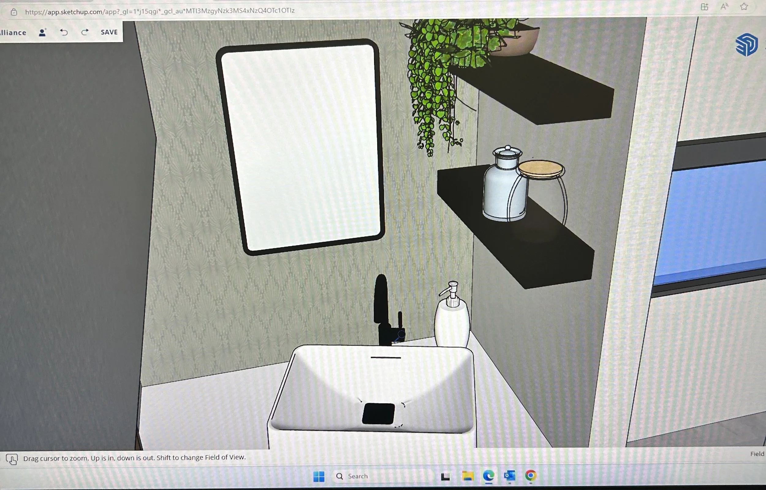 Created on SketchUp- This is the bathroom I designed for the RV. Since it is such a small room, I wanted to give it more of a calming feeling. That is why I added the green wallpaper and matte black accents. 