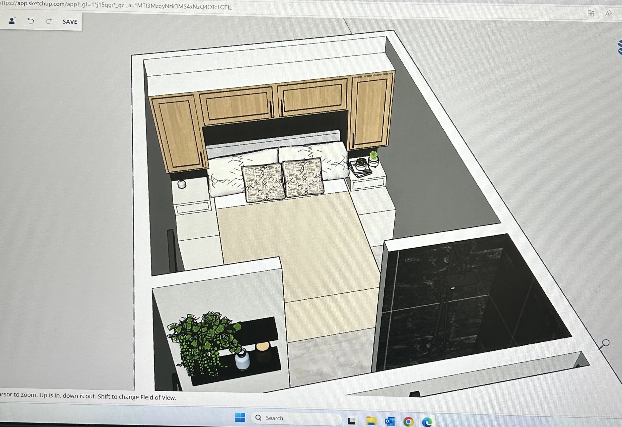 Created on SketchUp- this image shows the bedroom created, along with a clip of the bathroom at the bottom. 