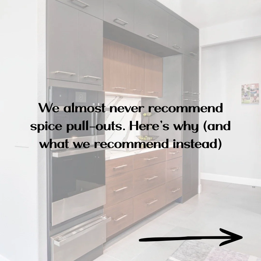 What's one kitchen design train we just can't bring ourselves to hop on board? Spice pull-outs. But don't worry, we're not going to suggest you stack your spices haphazardly in the cabinet next to your stove, we just think there are more efficient wa