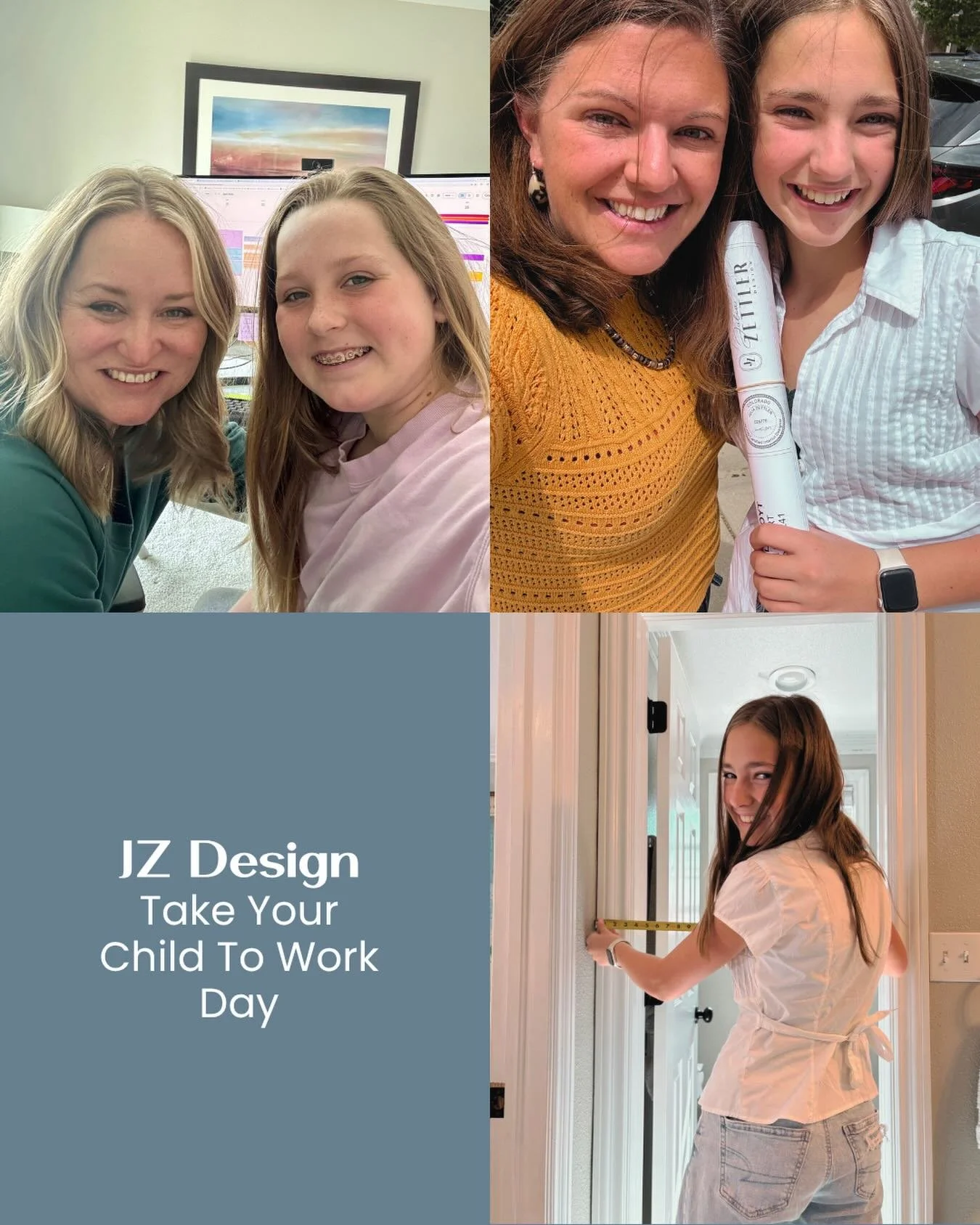 Team JZ Design had some pretty great design assistants today for &ldquo;Take Your Child To Work Day&rdquo;. Julia and her 7th grader, Charlotte, ran new client meetings and dug into design work while Emily took her 8th grader, Nell, to a measure for 
