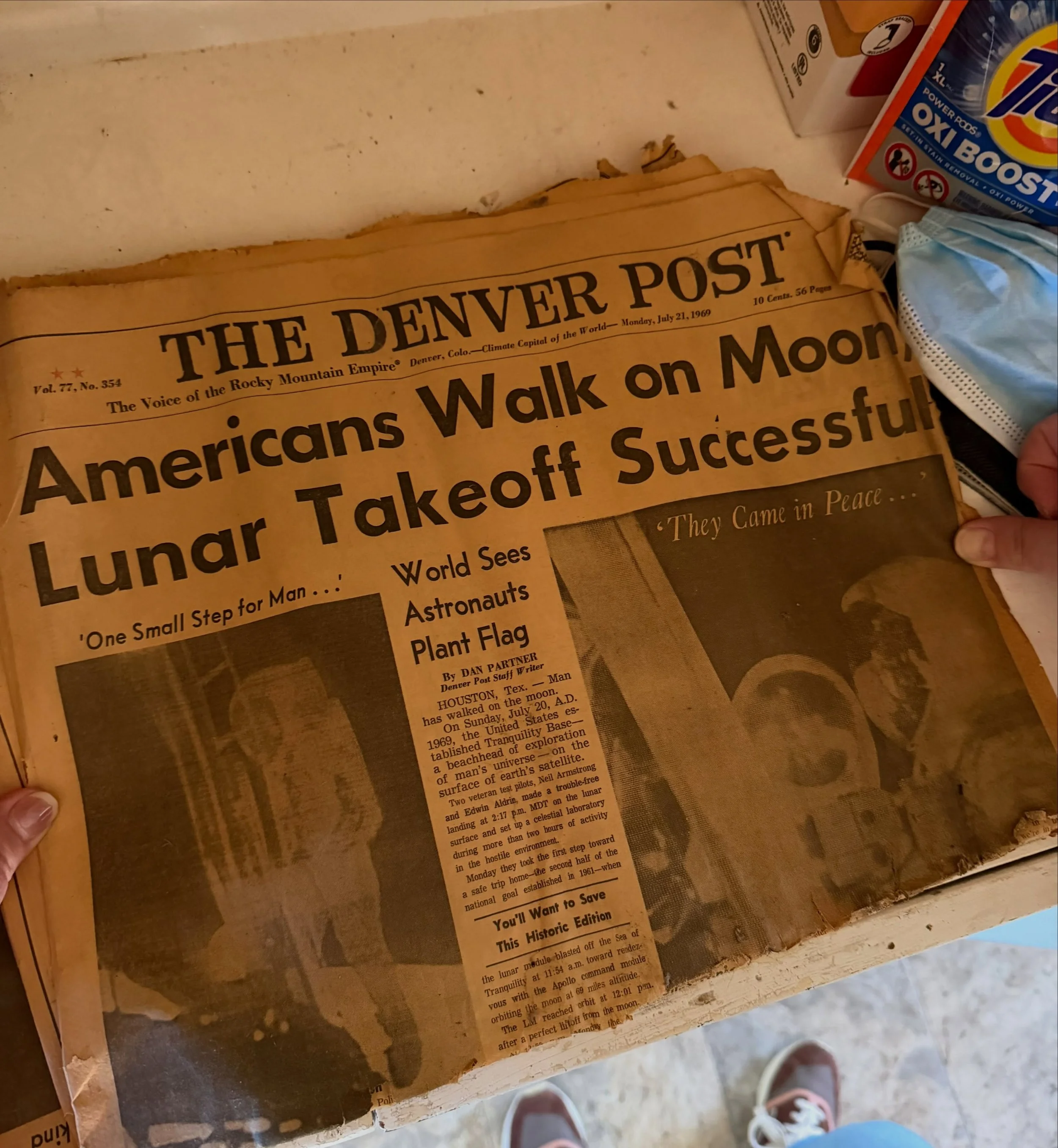 Check out this fun time capsule the new homeowners of a 1930s Denver home shared with us this morning while we were measuring to kick off their remodel project: a newspaper from the 1969 moon landing!  One of the best parts of our job is uncovering t