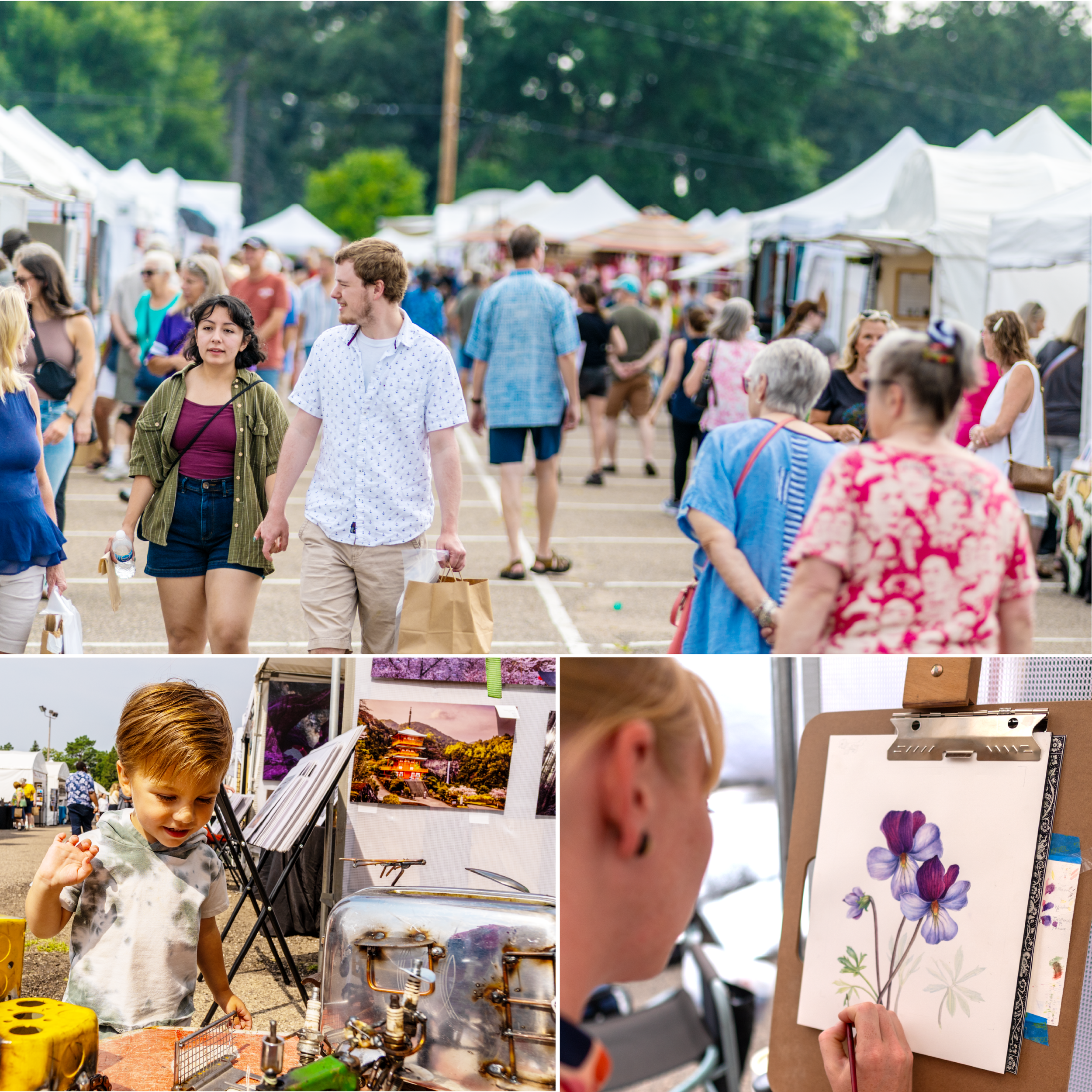 People walking through a crowded outdoor market with tents, a young boy examining vintage items or machinery, and a woman painting detailed purple and violet flowers on paper.