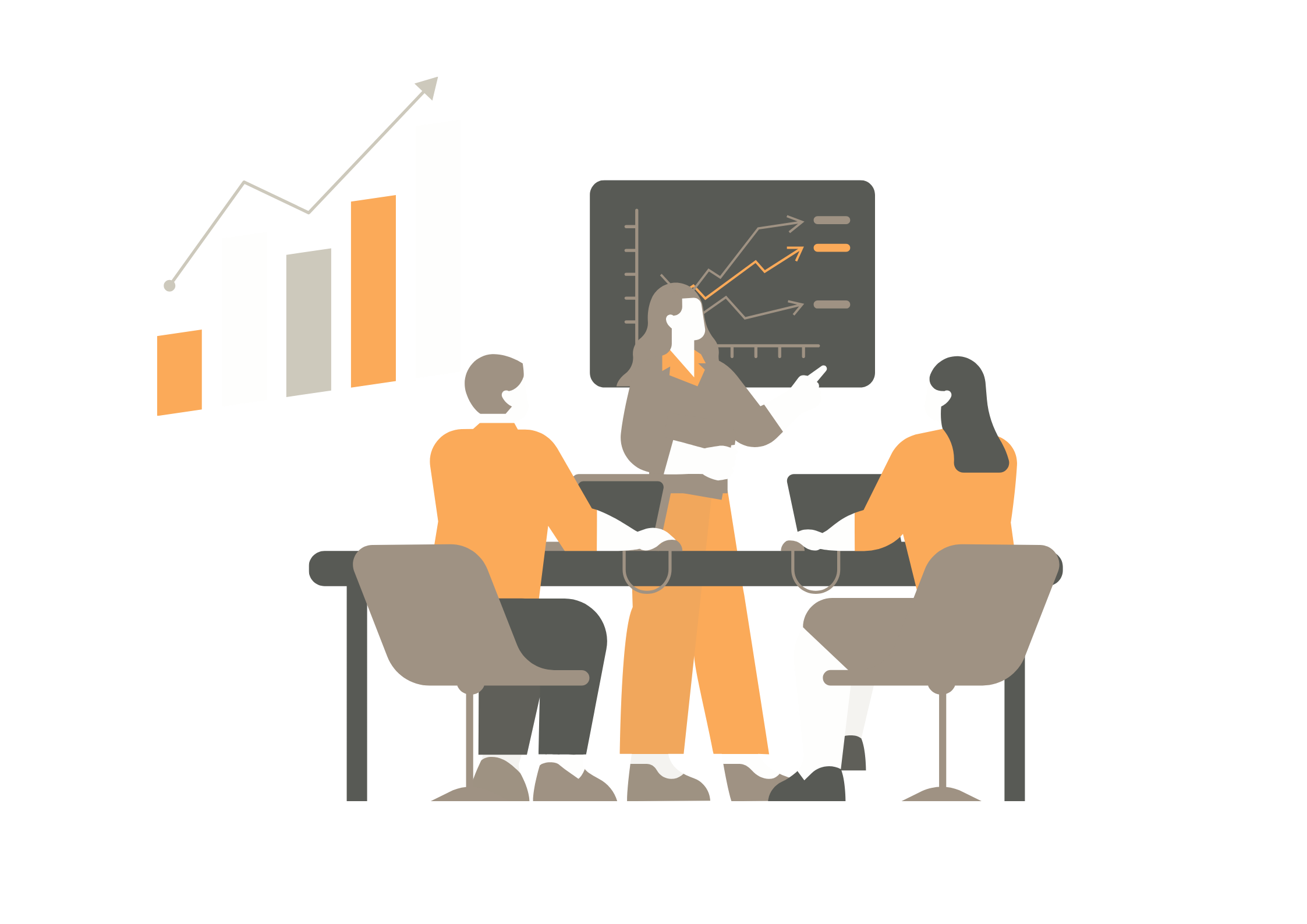 Illustration of a business meeting with three people discussing data and graphs.