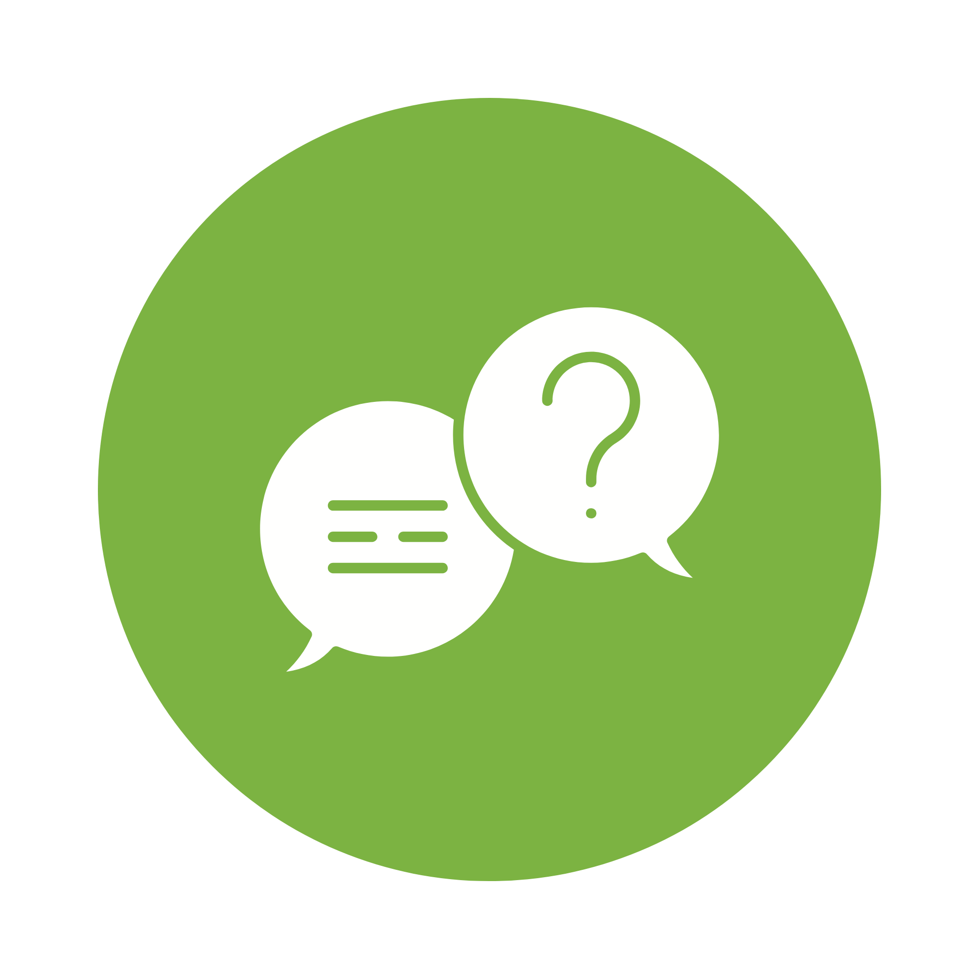 Green circle icon with two speech bubbles, one containing lines representing text and the other with a question mark, indicating communication or inquiry.