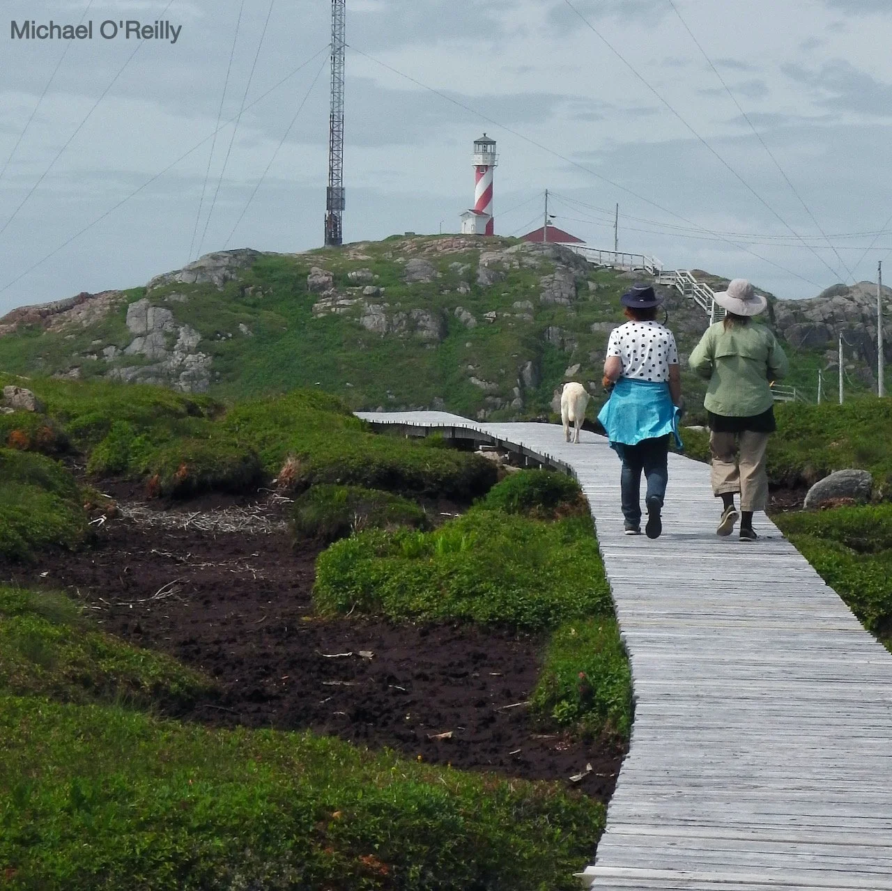 Two women walking on the Ramea wooden boardwalk through grassy terrain toward a lighthouse on a rocky hill with an overcast sky.