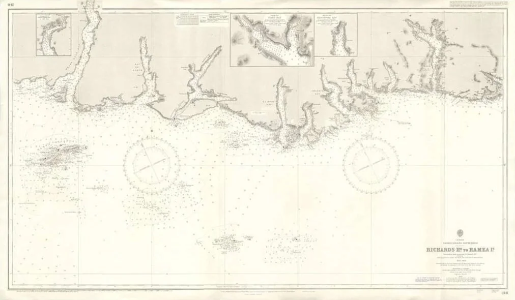 Historical map showing detailed coastlines and islands with compass roses, titled 'Richards' Map to Ramea!'