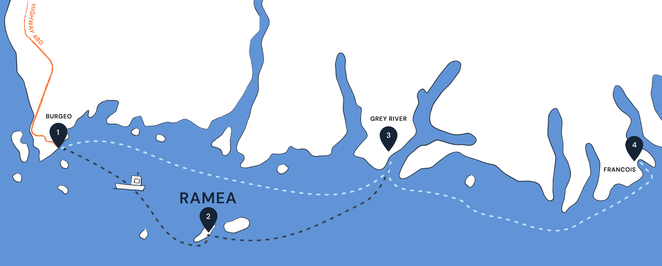 Map showing the ferry routes between Burgeo, Ramea, Grey River, and Francois.