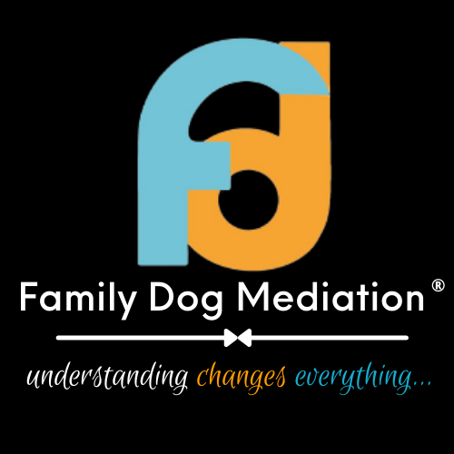 Logo for Family Dog Mediation with a large stylized 'F' and 'D' in blue and orange, and the tagline 'understanding changes everything...'