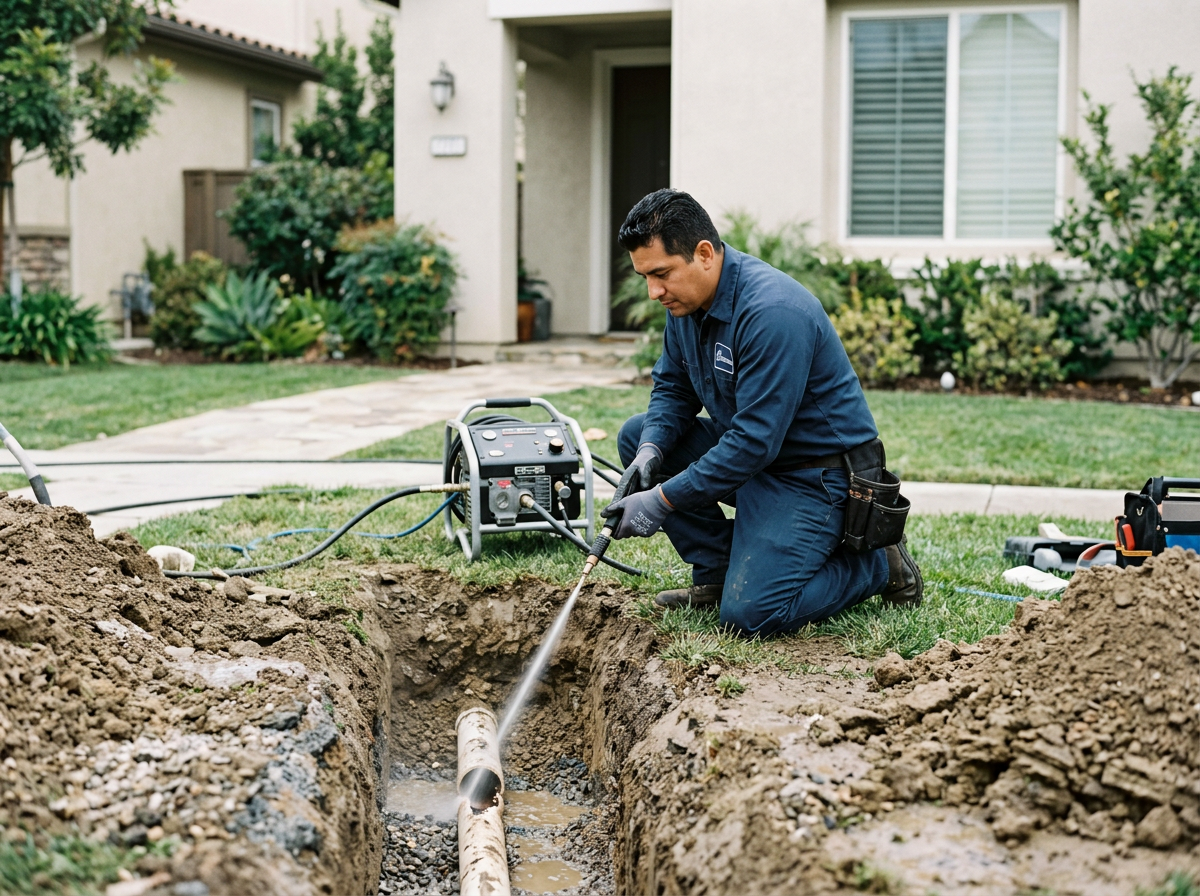 A worker in navy overalls kneels in a trench digging with a pipe-cleaning equipment connected to a machine on the grass in front of a house.