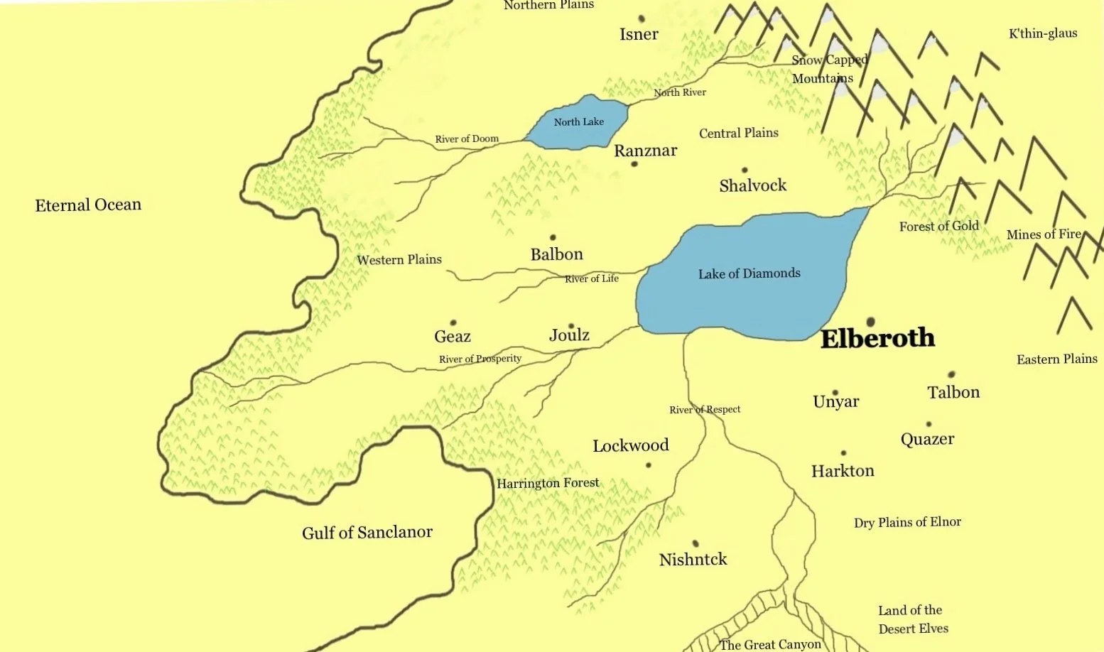 A fantasy map featuring lakes, forests, plains, mountains, and various named locations such as Elberoth, Lake of Diamonds, North Lake, North River, and several regions like Northern Plains, Snow Capped Mountains, and Desert Elves Land.