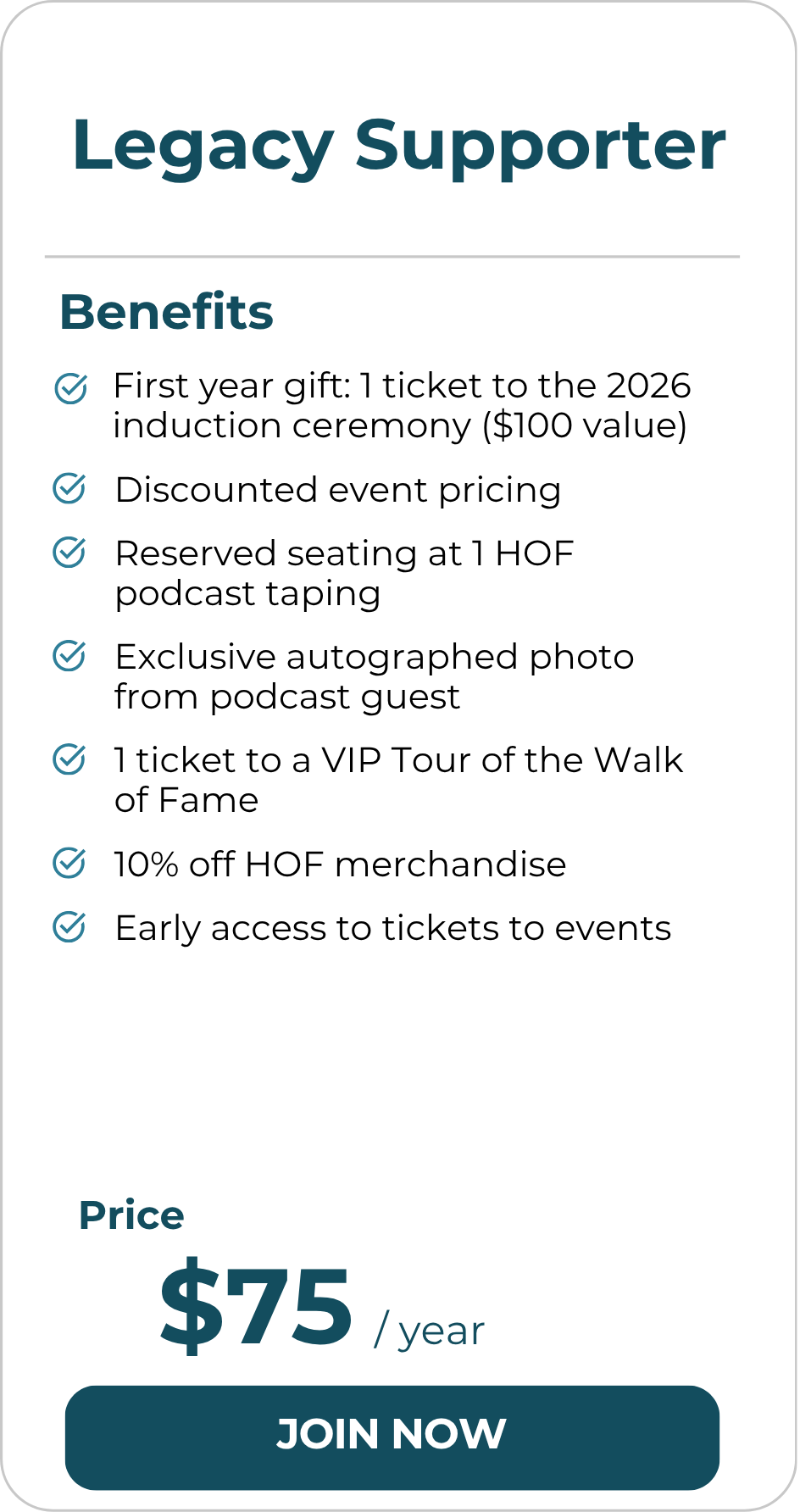 A promotional graphic for a membership called 'Legacy Supporter,' listing benefits such as tickets to events, exclusive merchandise, and early access, with a price of $75 per year and a 'Join Now' button.