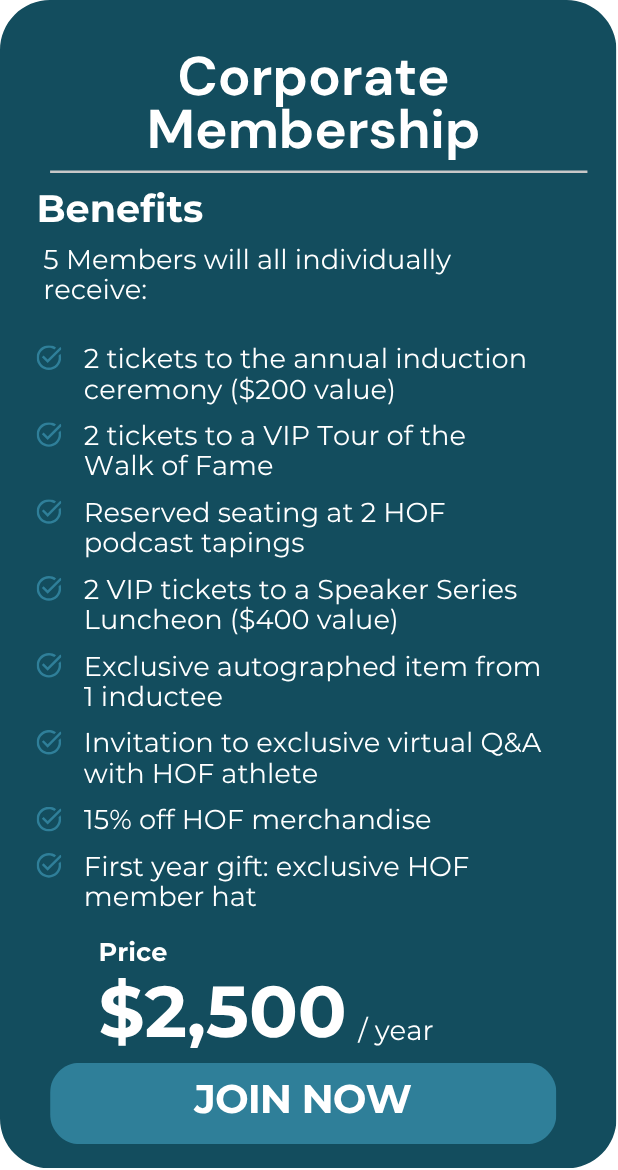 A dark teal advertisement for corporate membership benefits, listing items included such as tickets to events, exclusive seating, autographed item, virtual Q&A invitation, merchandise discount, and a gift hat for new members, with a price of $2,500 per year and a 'Join Now' button.