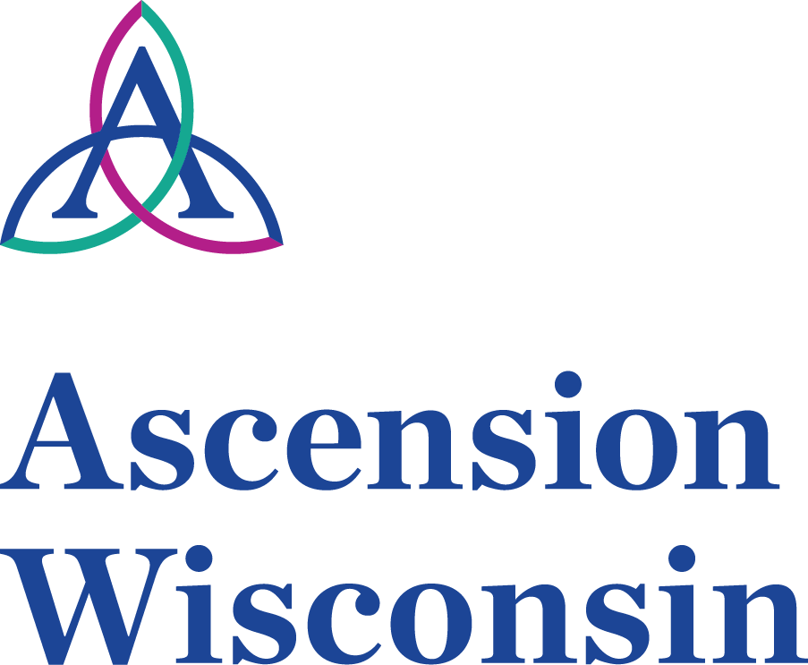 Logo for Ascension Wisconsin, featuring a stylized triquetra symbol with purple, teal, and dark blue colors, and the text "Ascension Wisconsin" in dark blue.