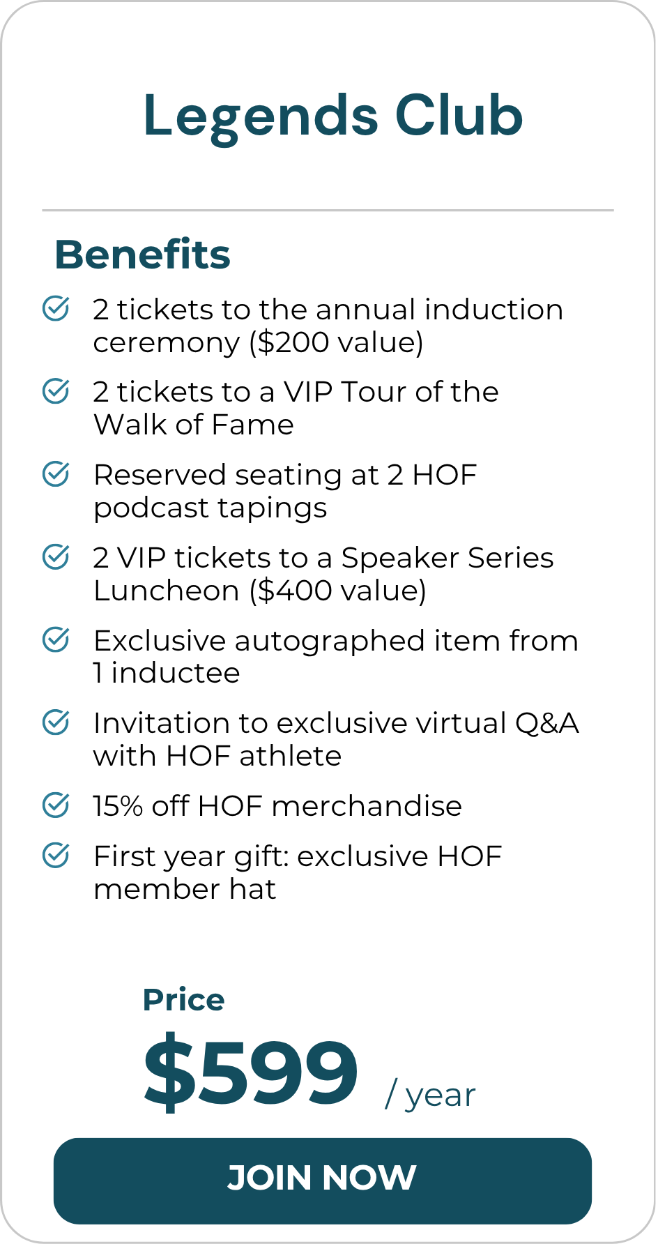 A digital membership sign-up form for Legends Club listing benefits, price, and a JOIN NOW button.