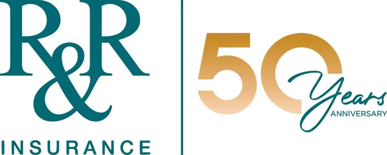 R&R Insurance logo celebrating 50th anniversary with large gold and teal lettering.