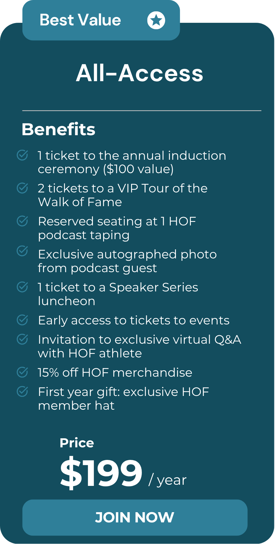 A promotional graphic highlighting benefits of an All-Access membership, including tickets to events, exclusive content, discounts, and a member hat for first-time members, priced at $199 per year.