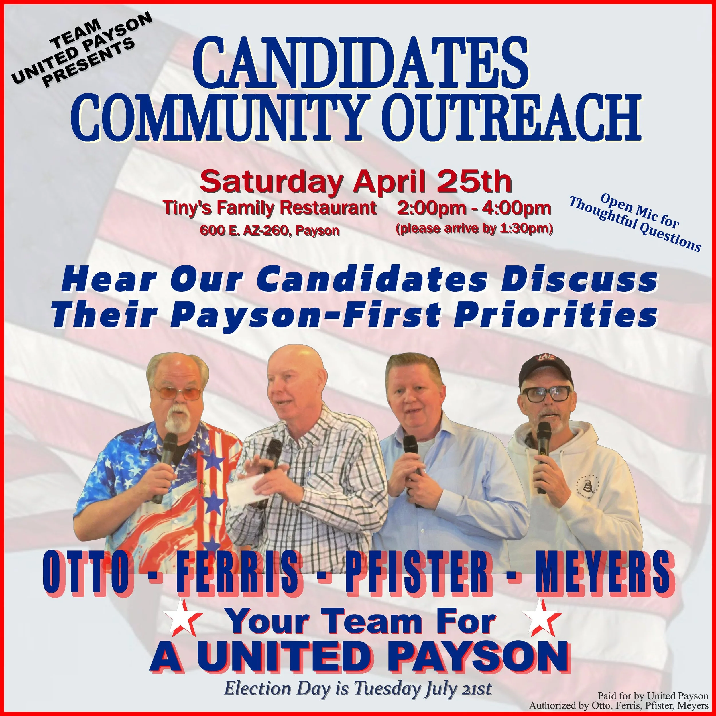 Your Candidates for a United Payson: Incumbent Mayor Steve Otto, Incumbent Councilman Jim Ferris, Candidate Guy Pfister, and Candidate Brooke Meyers