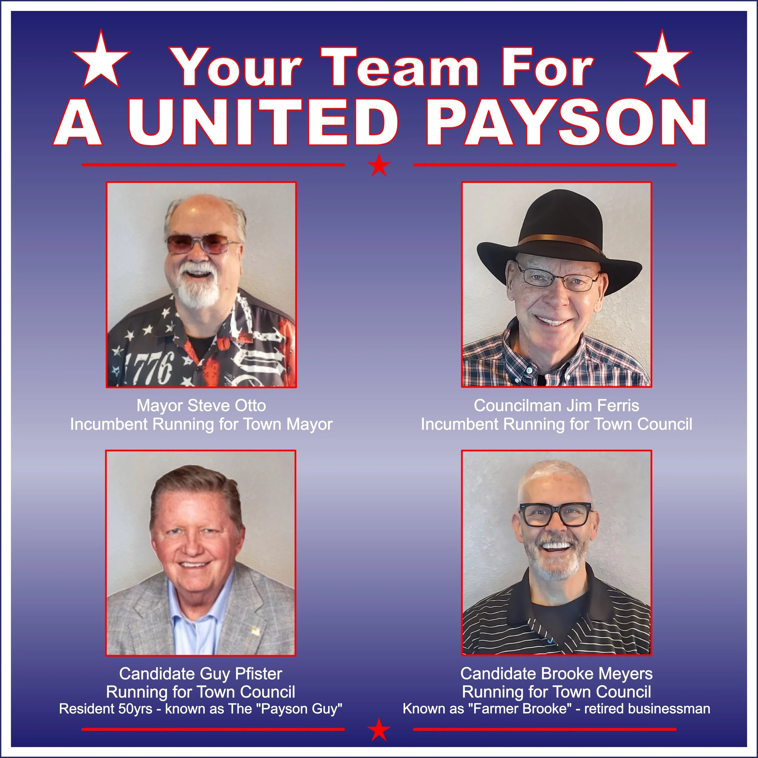 Payson Town Council Candidates Mayor Steve Otto, Councilman Jim Ferris, Candidate Guy Pfister, and Candidate Brooke Meyers